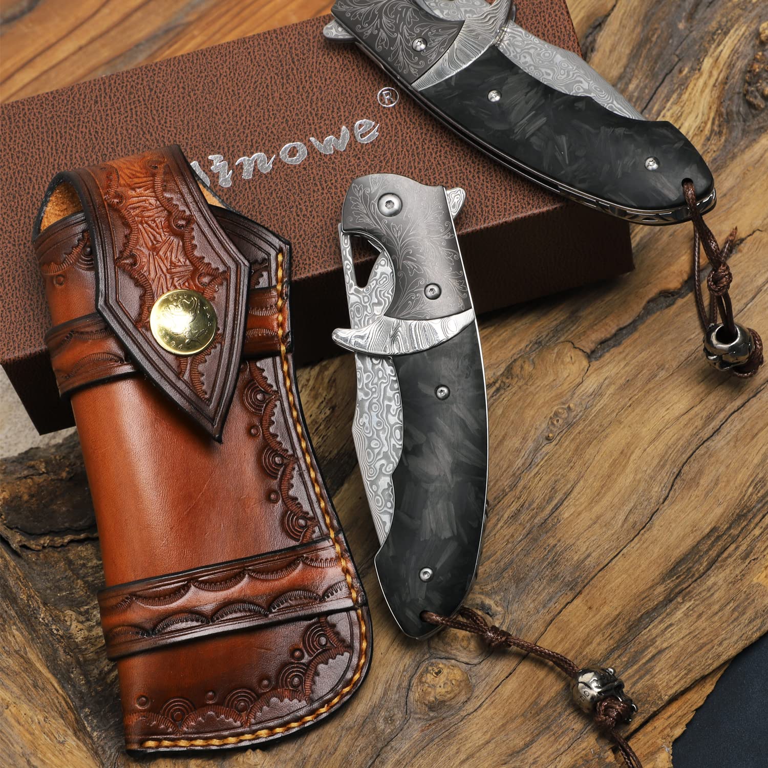 Premium Handmade Damascus Steel Folding Knife with Leather Case - 3.8 Inch VG10 Steel Core Blade, Steel Ball Bearings & Carbon Fiber Handle - Tactical Pocket Knife for Hiking, Camping, Outdoor Survival & Everyday Carry (EDC)