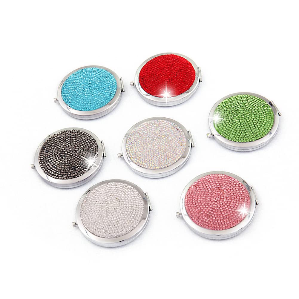 Foldable Vanity Mirror with 1X/2X Magnification - Glitter Rhinestone Handheld Makeup Mirror, Double Sided Portable Cosmetic Mirror for Travel & Home Use - Pink Round Compact Design for Perfect Makeup Application Anywhere