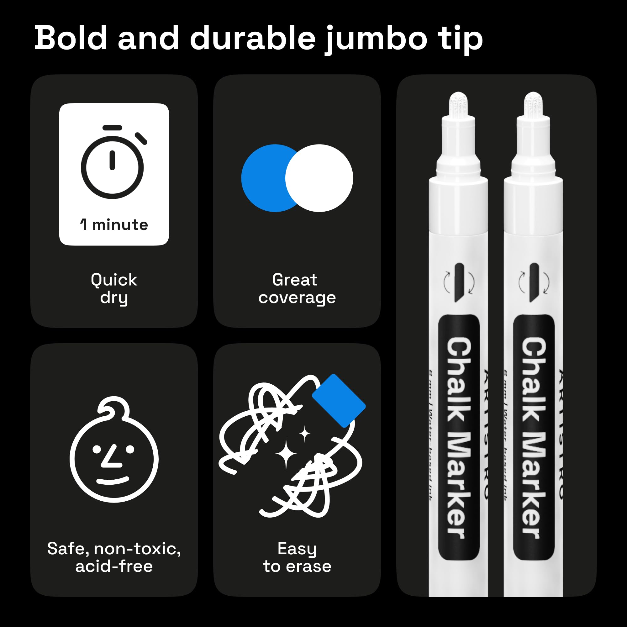 ARTISTRO 2-Pack White Liquid Chalk Markers - Erasable Chalkboard Pens with 6mm Reversible Tip for Blackboard, Glass, Car Windows & More - Perfect for Restaurants, Bistros, Signage & DIY Projects
