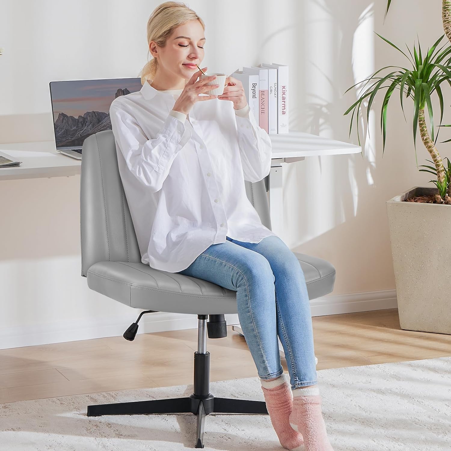 DUMOS Criss Cross Chair - Armless Office Chair with Adjustable Height, No Wheels, Wide Seat for Home & Office - Perfect for Computer Work, Vanity Desk, and Task Seating