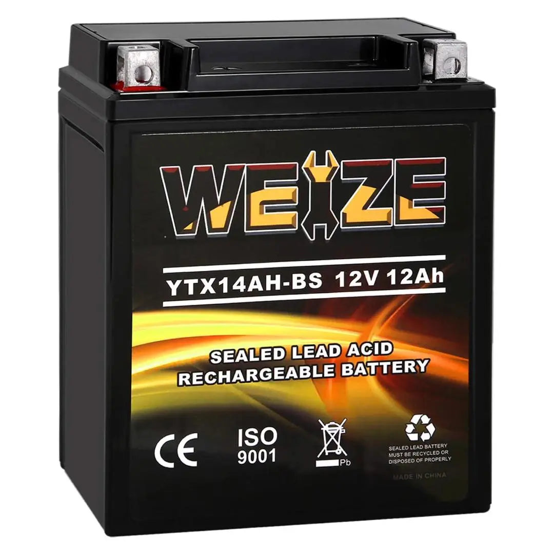 WEIZE YTX14AH BS 12V 12Ah High Performance AGM Battery - Maintenance Free, Sealed ATV/Motorcycle Battery for Polaris Sportsman 570, Trail Blazer 250, Ranger 400/500, Suzuki King Quad 300, QuadRunner 250 - Perfect for Off-Road Adventures & Power Sports