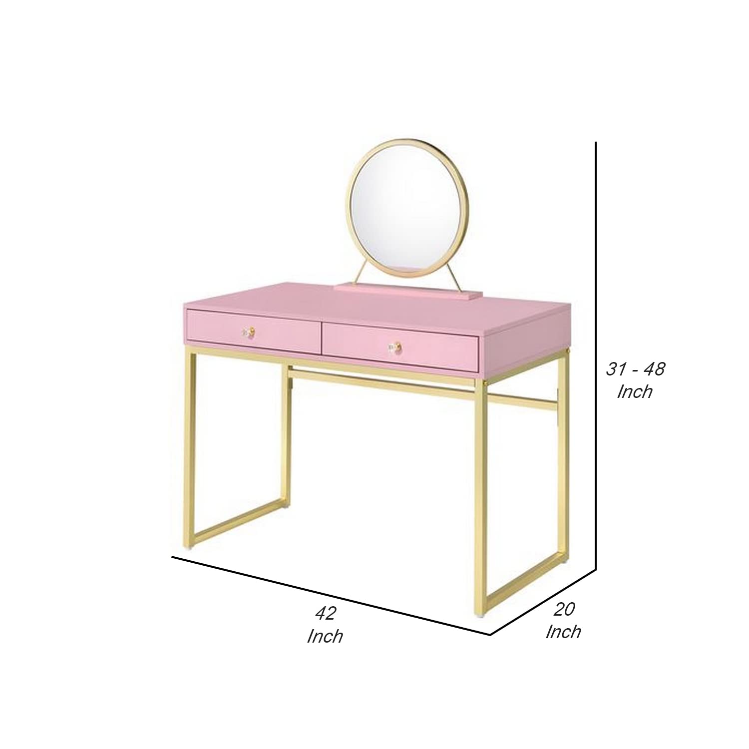 Elegant Pink and Gold Vanity Desk with Removable Mirror & Open Metal Frame - Perfect for Bedroom Makeup & Dressing Table Organization