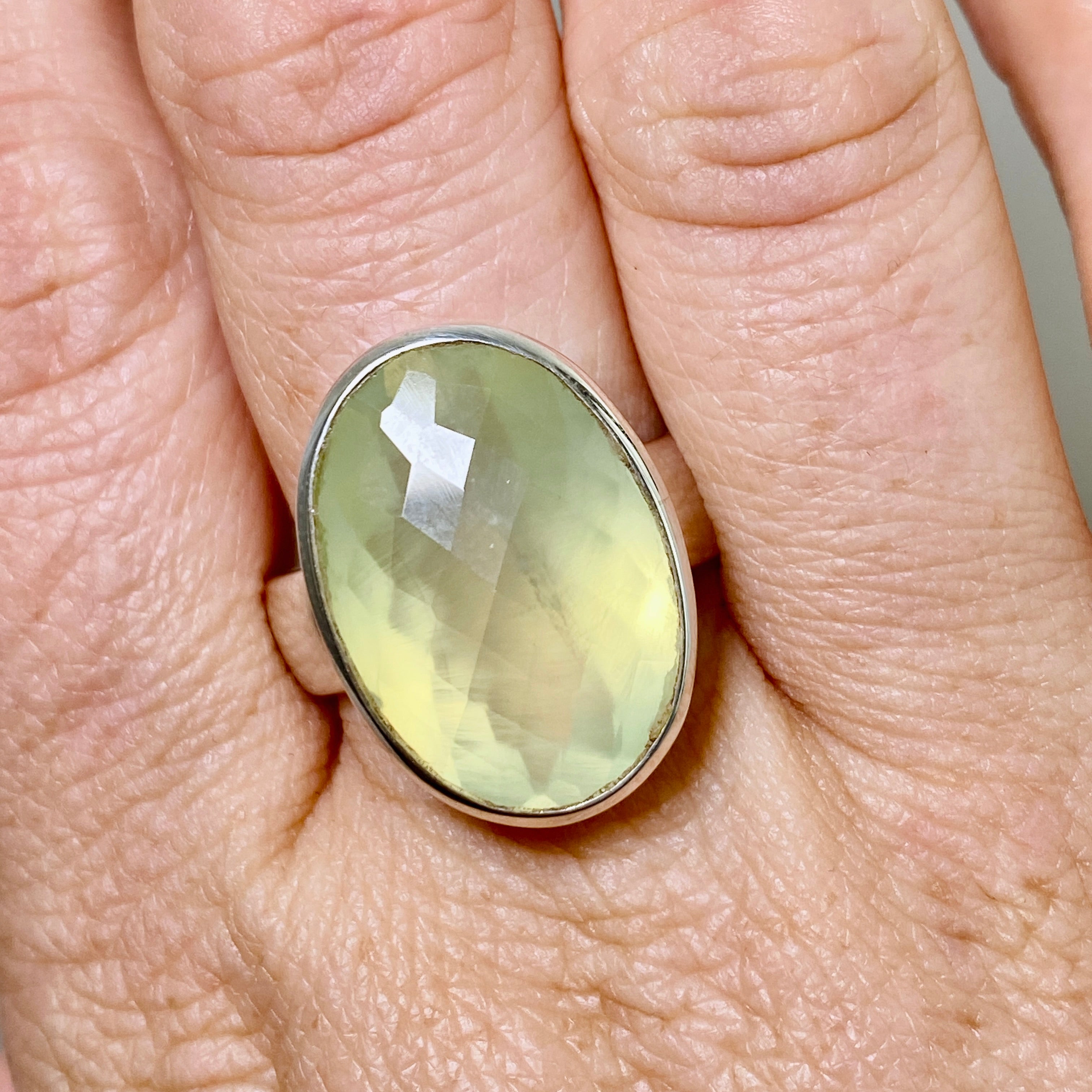 Prehnite Oval Checkerboard Faceted Ring - Size 12 Sterling Silver Jewelry for Women - Perfect for Wedding, Anniversary & Special Occasion Gifts