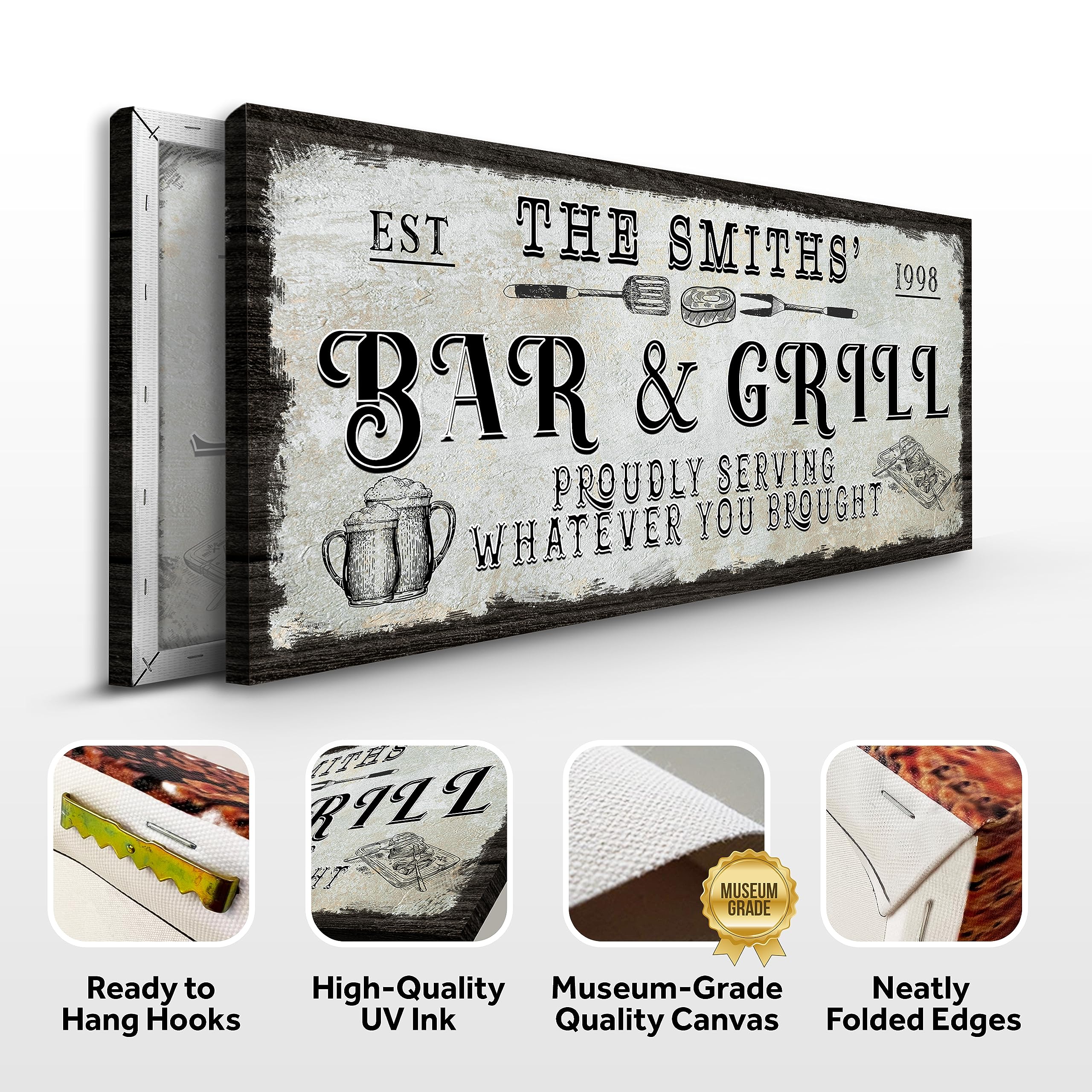 Custom Bar Sign Canvas Wall Art - Personalized Rustic Beer & Griller Decor for Man Cave, Kitchen, Pub & Diner - 60x30in Printable Home Decor | Perfect for Bars, Restaurants, and Home Entertaining Spaces