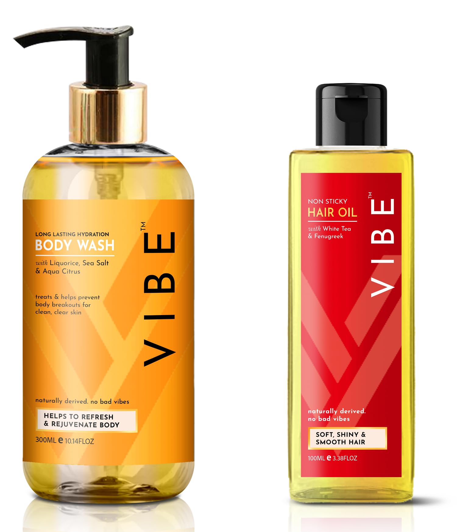 VIBE Aqua Citrus Body Wash & White Tea Fenugreek Hair Oil Combo Pack - 300ml Body Wash + 100ml Hair Oil for Hydrating Skin & Nourishing Hair - Perfect for Daily Shower & Hair Care Routine
