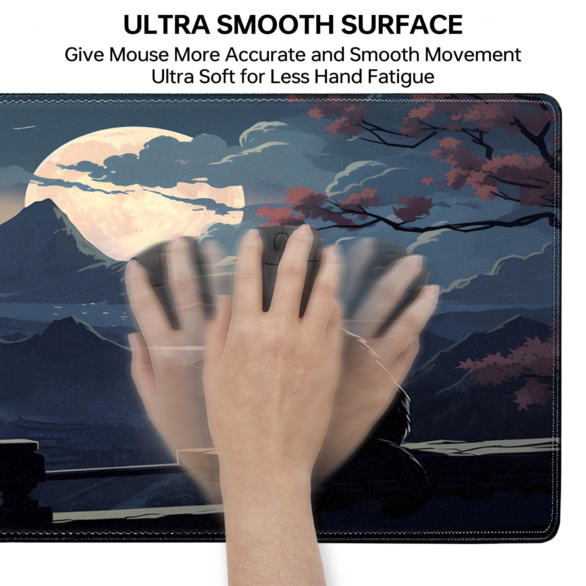 Moon Cat XXL Gaming Mouse Pad (31.5x15.7 Inch) - Extra Large Non-Slip Desk Mat with Stitched Edges for PC, Laptop, Office & Home Use - Cute Black Extended Keyboard Mousepad for Gamers & Work