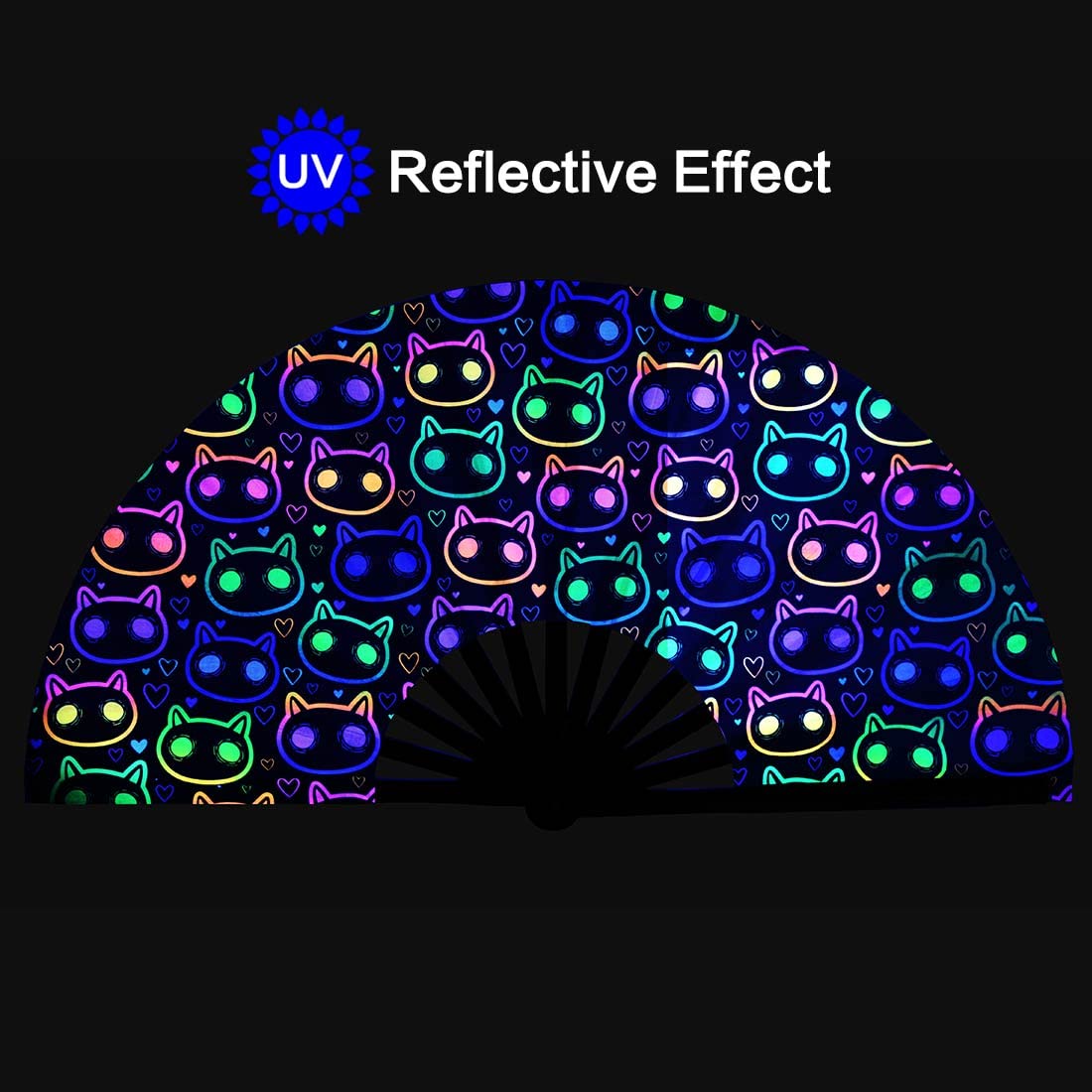 UV Glow Rave Fan - Bamboo Folding Clack Hand Fan for Men & Women (Cute Cat Design, Large 13 Inch) - Perfect for Raves, Concerts, Festivals & Summer Cooling