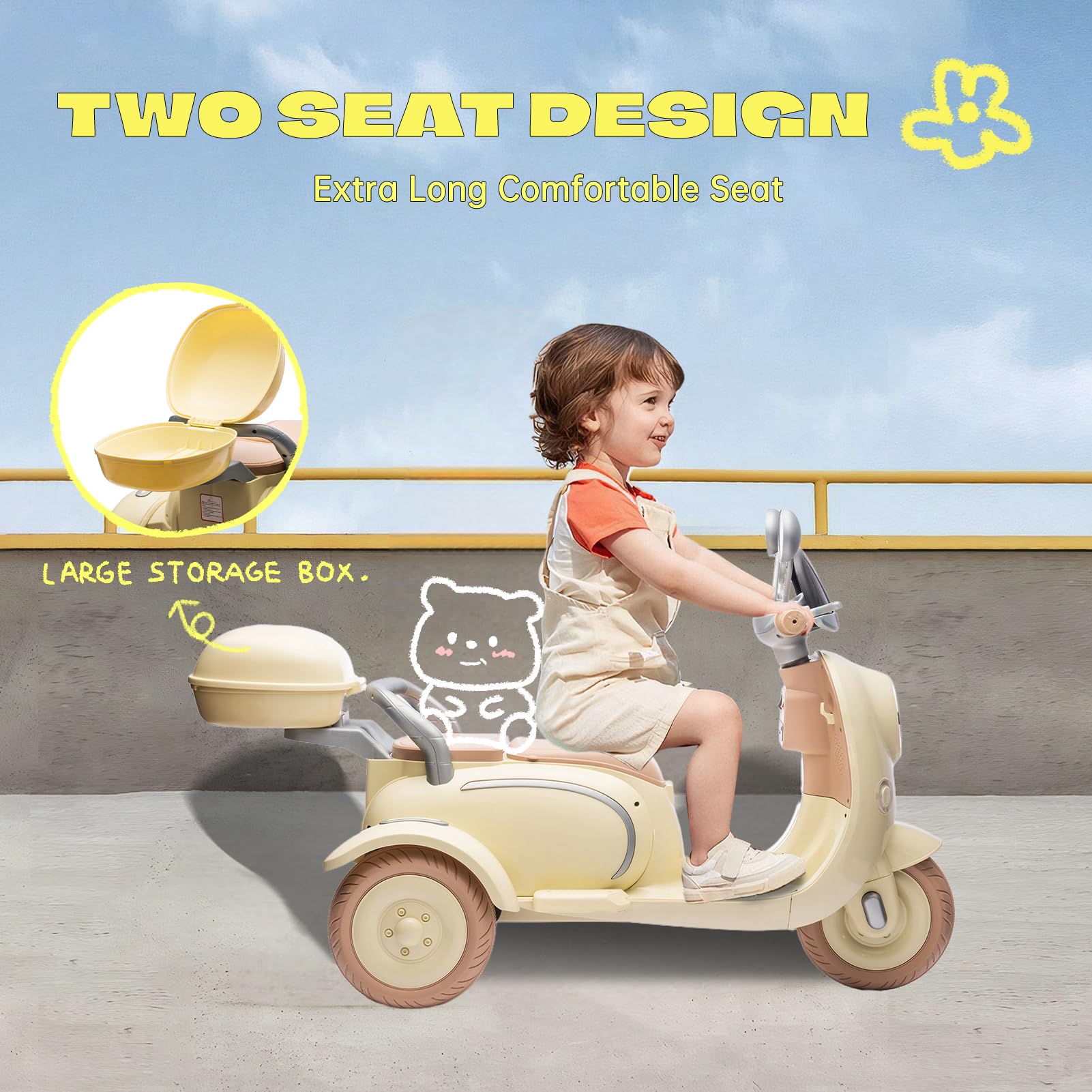 12V Kids Electric Motorcycle - 2 Seats, 3 Wheels with Bluetooth & Lights | Ride-On Toy for Ages 3+ | Outdoor Play & Gift