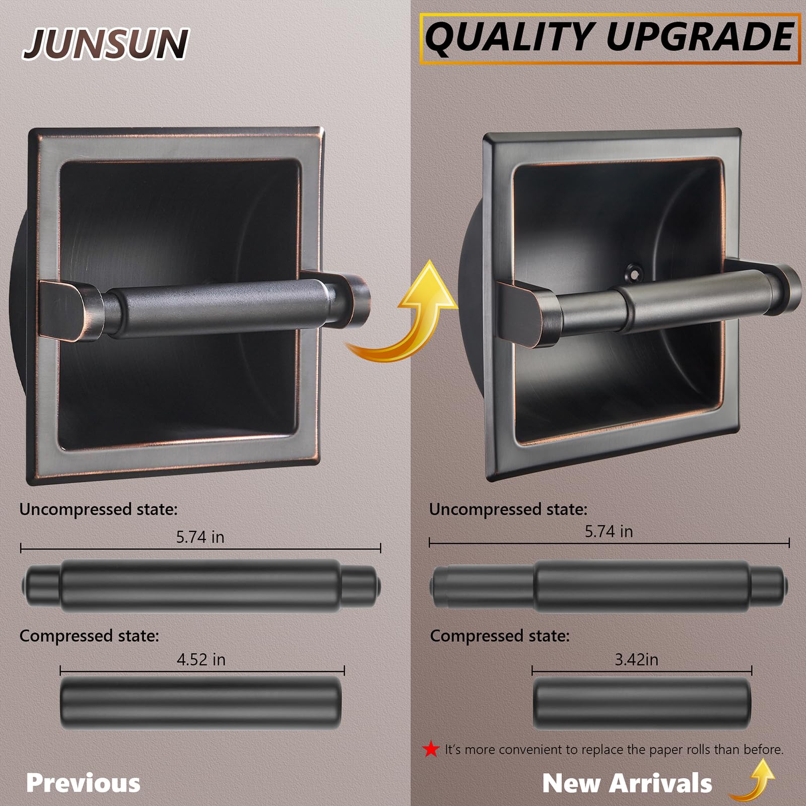 JunSun Oil Rubbed Bronze Recessed Toilet Paper Holder - Stainless Steel ORB Tissue Roll Holder for Jumbo Mega Rolls (6