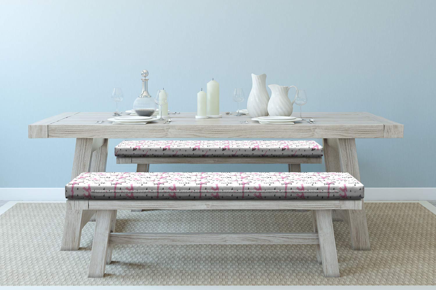 Ambesonne Paris Bench Cushion Set of 2 - Eiffel Tower Design with French 'Je Taime' Romance Heart Print, Standard Size Foam Seat Cushions with Decorative Covers in Pale Pink & White | Perfect for Living Room, Patio, or Garden Decor