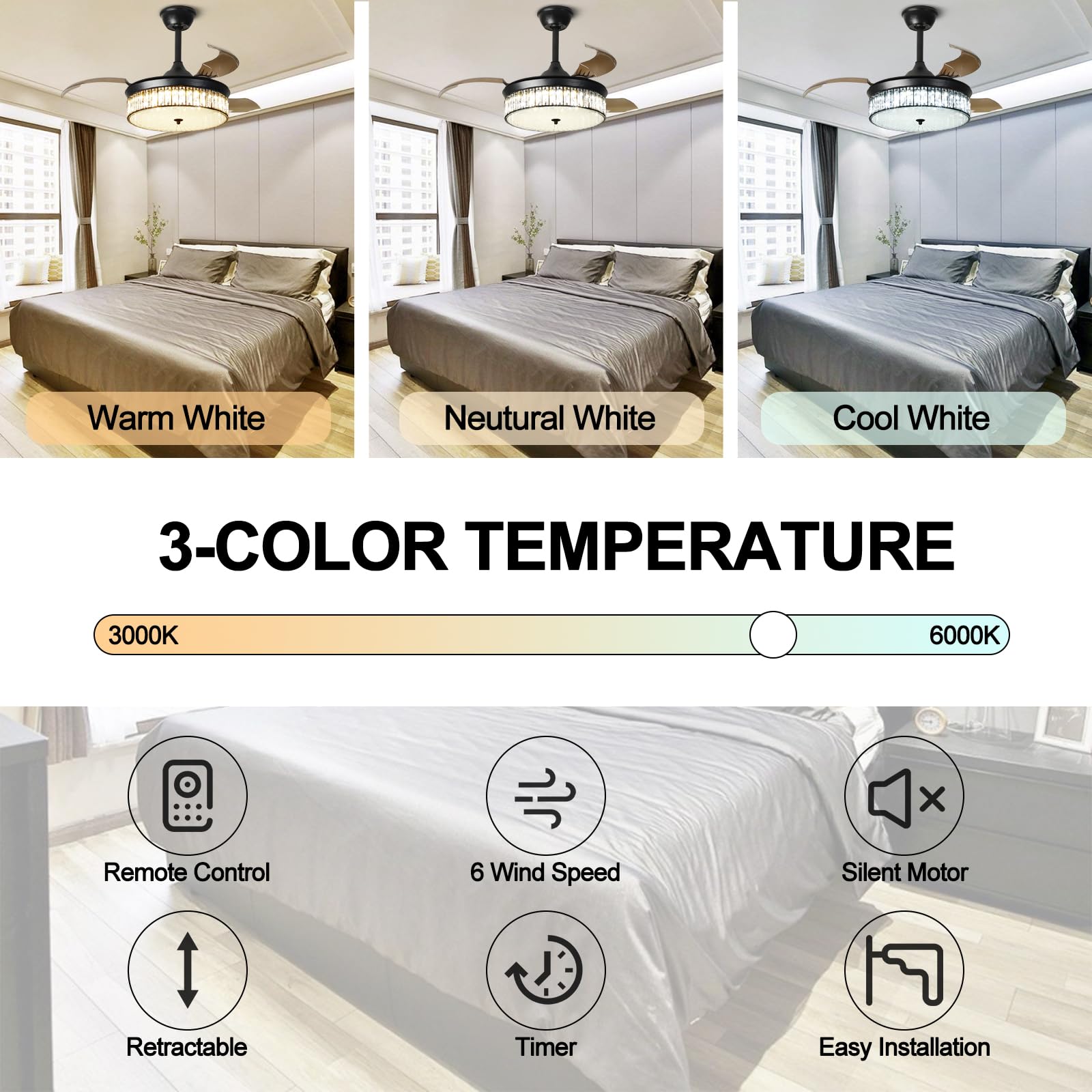 Depuley 36 Inch Crystal Ceiling Fan with Light, Reversible Retractable Blade 6-Speed LED Ceiling Fan with Remote Control - Perfect for Bedroom, Living Room, and Home Office