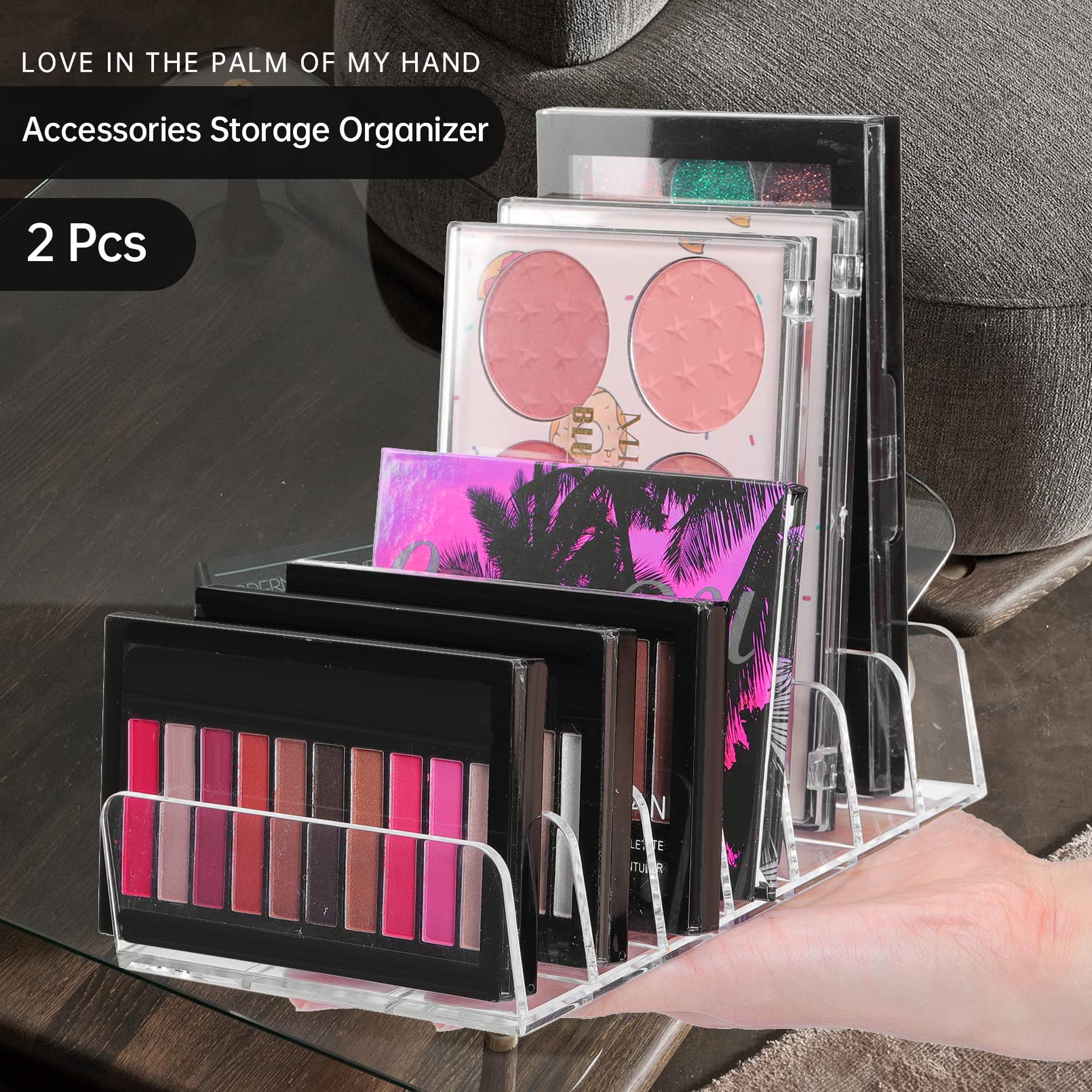 2-Pack Acrylic Makeup Palette Organizer with 7 Sections - Clear Eyeshadow & Cosmetic Storage Holder for Bathroom Countertop, Vanity, Travel - Perfect for Organizing Wallets, Sunglasses & Beauty Products