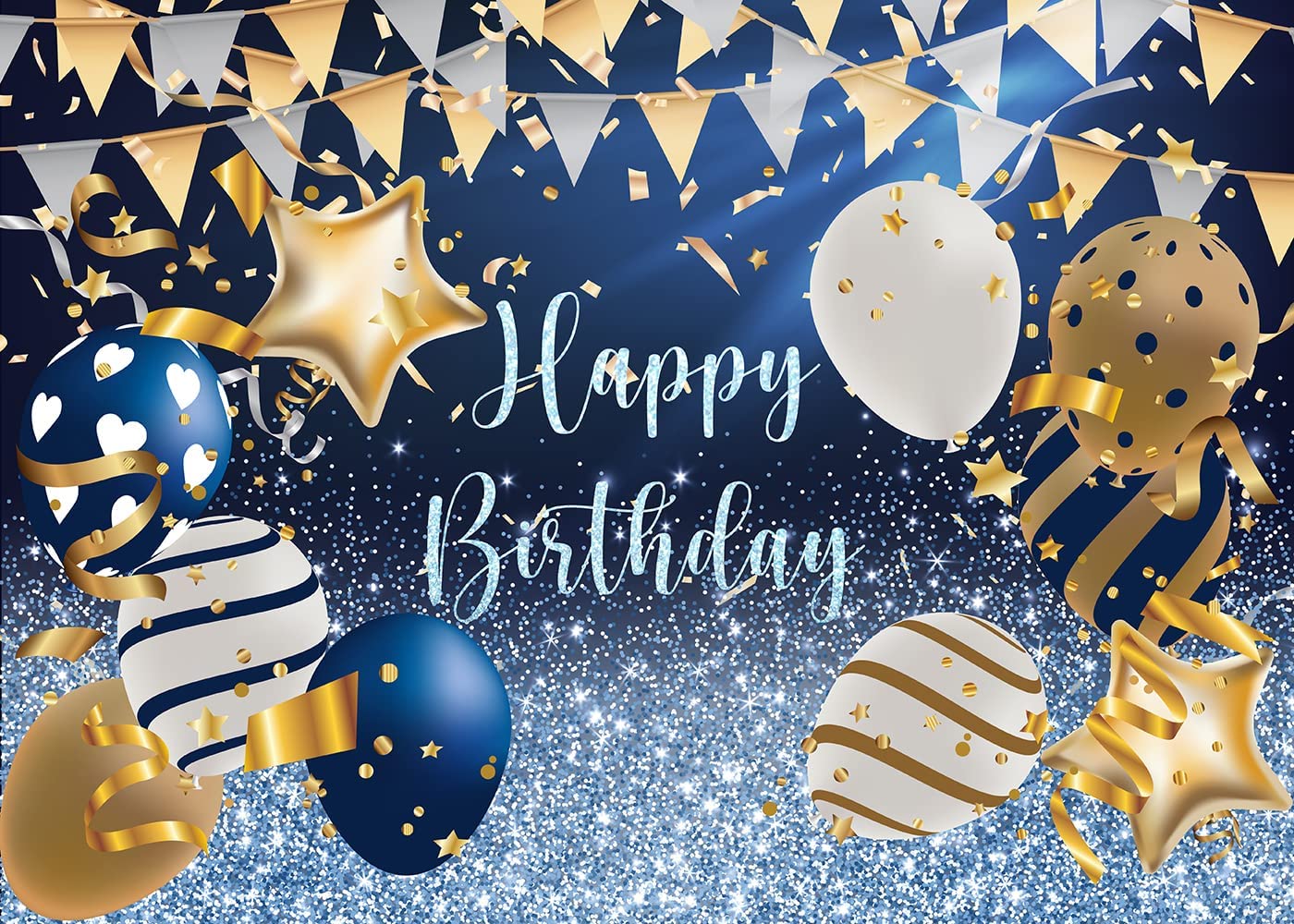 Silver Glitter Blue Happy Birthday Party Backdrop - 7x5ft Photography Background with Balloons for Boys, Men, Women & Baby Celebrations | Cake Table Decor, Photo Studio Props | Perfect for Birthday Parties, Baby Showers & Special Events