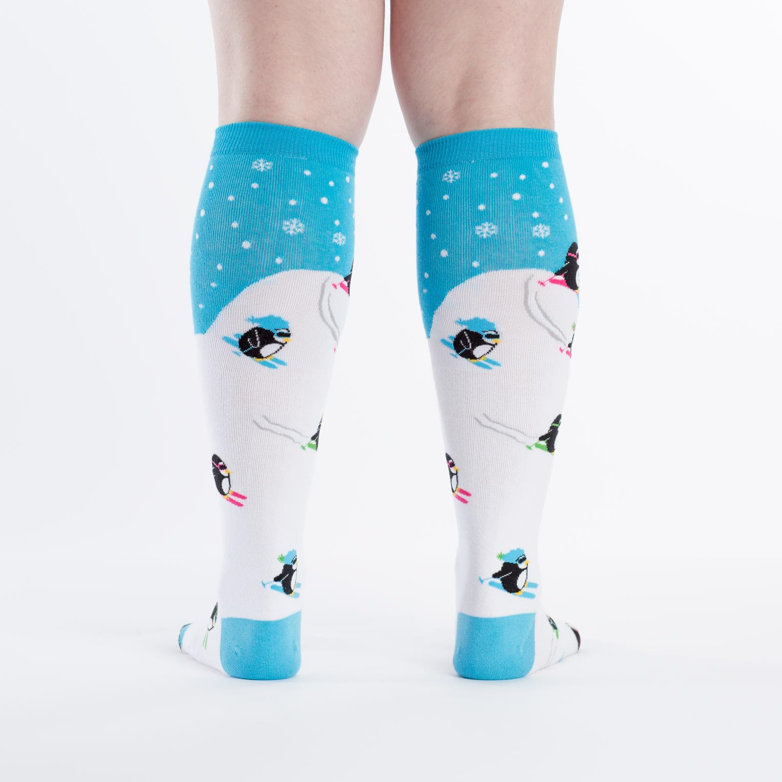 Women's Knee High Socks with Downhill Penguin Design - Fun Novelty Crew Socks for Winter, Christmas Gifts & Casual Outfits