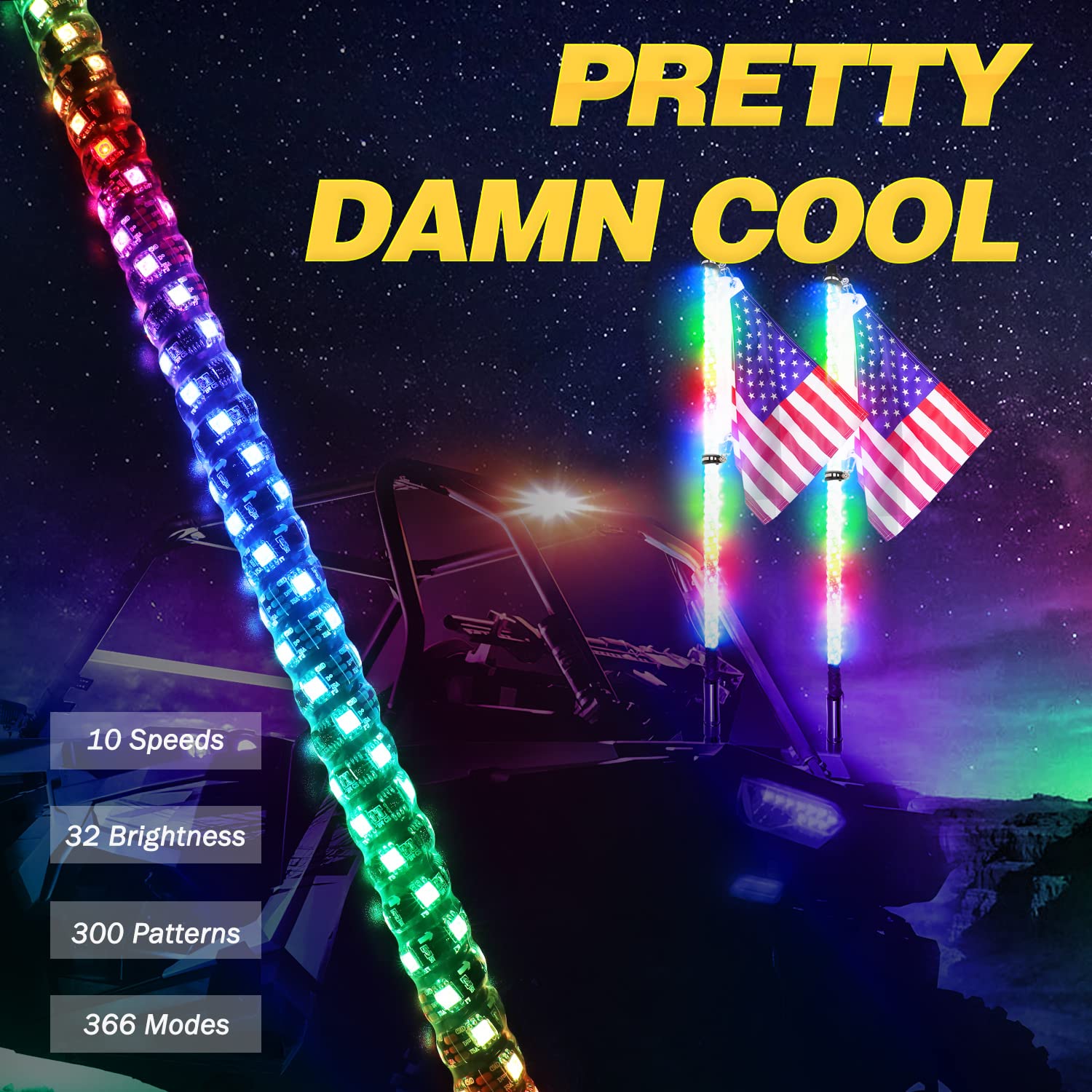 3ft RGB LED Whip Lights 2 Pack - 360° Spiral RGBW LED Chasing/Dancing Antenna Lights with RF Remote Control for ATV, UTV, SXS | Compatible with Polaris Ranger, RZR XP1000, Can-Am X3, Yamaha, Kawasaki | Perfect for Off-Roading, Night Riding & Vehicle Customization