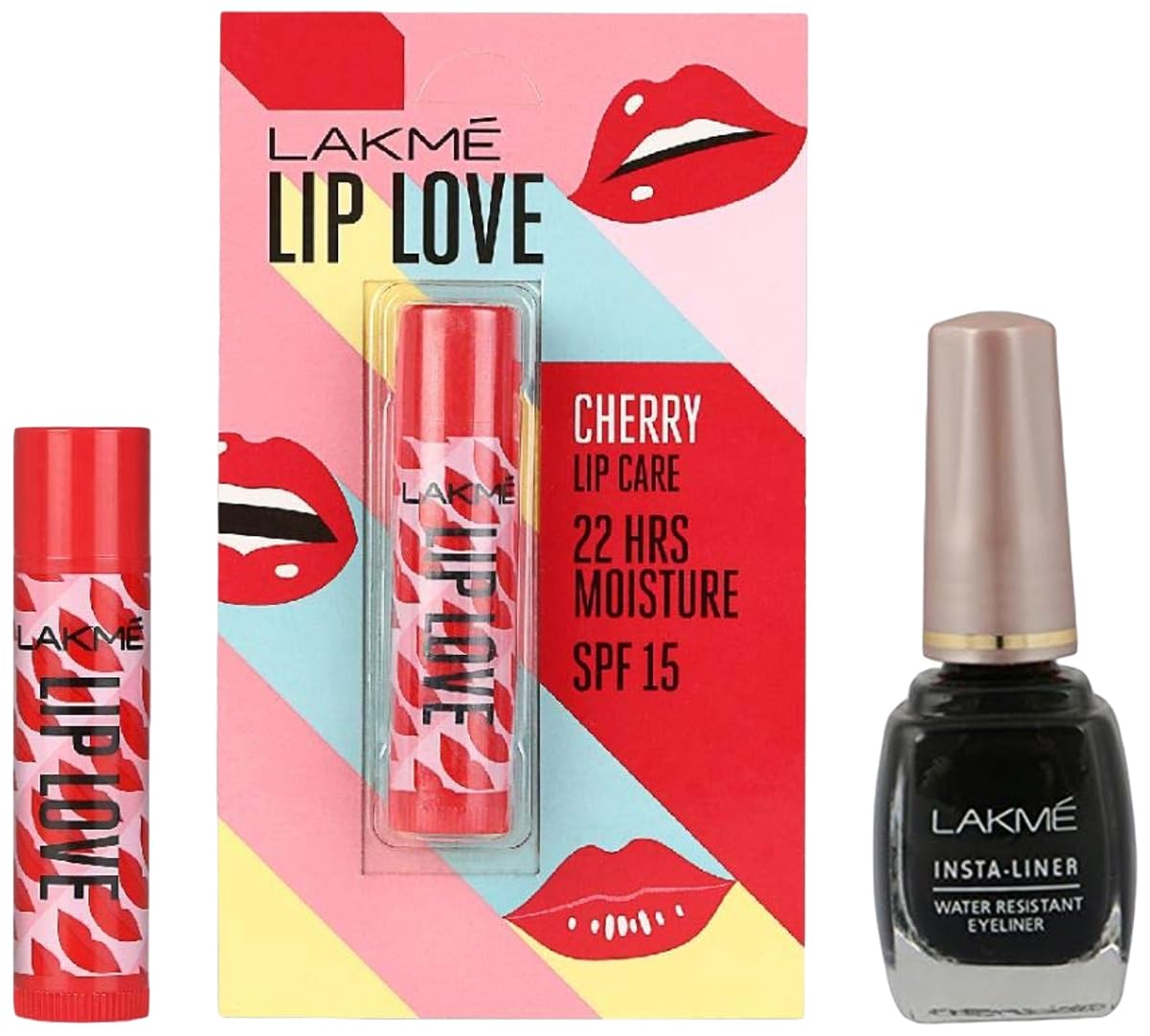 LAKMÉ Insta Eye Liner - Black (9ml) & Lip Love Chapstick Lip Balm with SPF15 - Cherry Crème Finish (4.5g) | Perfect for Everyday Makeup & Sun Protection