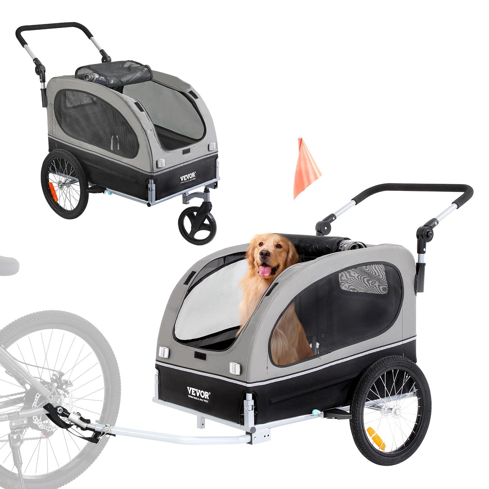 VEVOR 2-in-1 Dog Bike Trailer & Pet Stroller - Heavy Duty 100 lbs Capacity, Foldable Design with Quick Release Wheels - Universal Bicycle Coupler, Safety Reflectors & Flag - Perfect for Cycling, Jogging and Outdoor Adventures with Your Pet