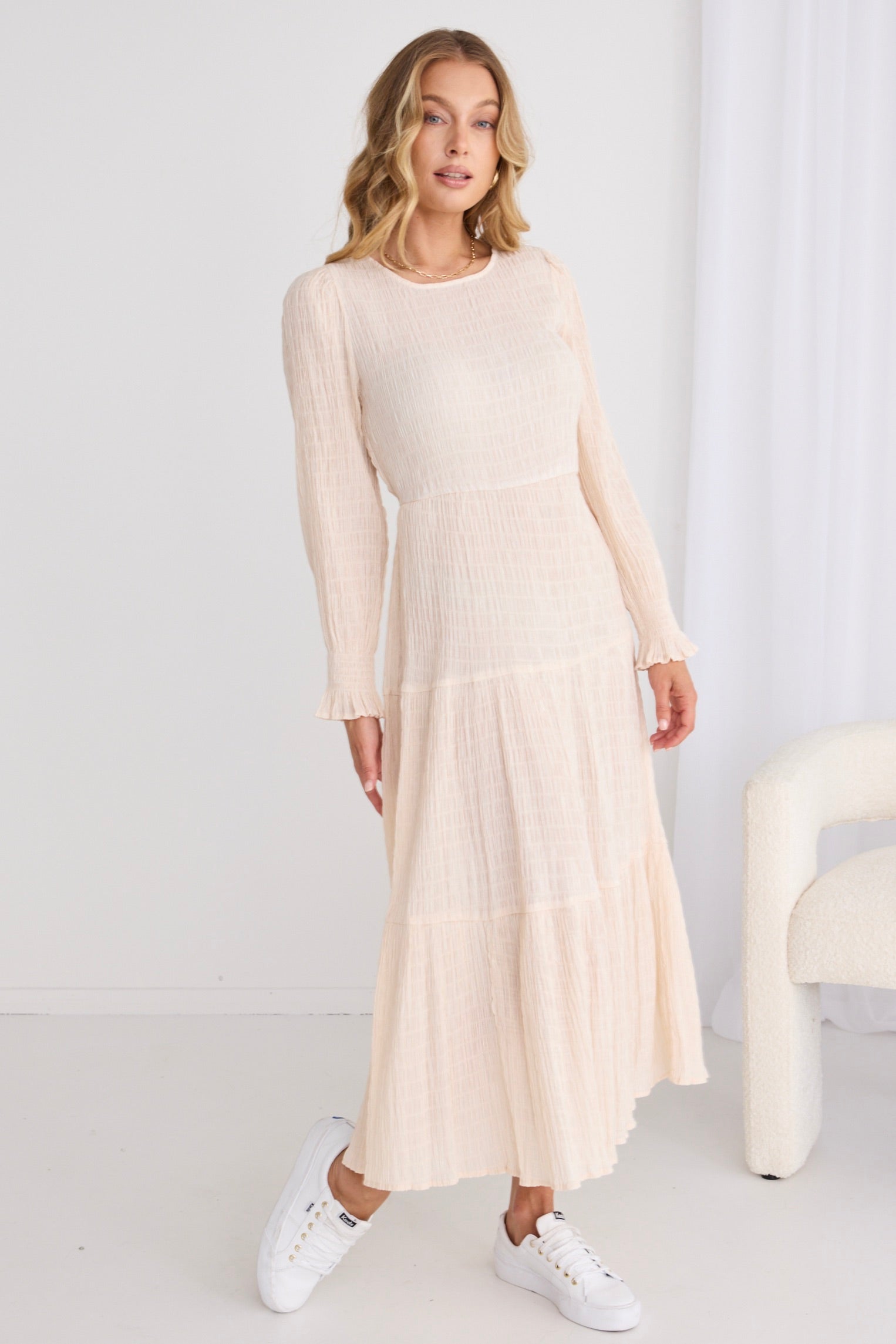 Effortless Ecru Long Sleeve Shirred Tiered Midi Dress for Women - Perfect for Casual Outings, Date Nights & Summer Weddings