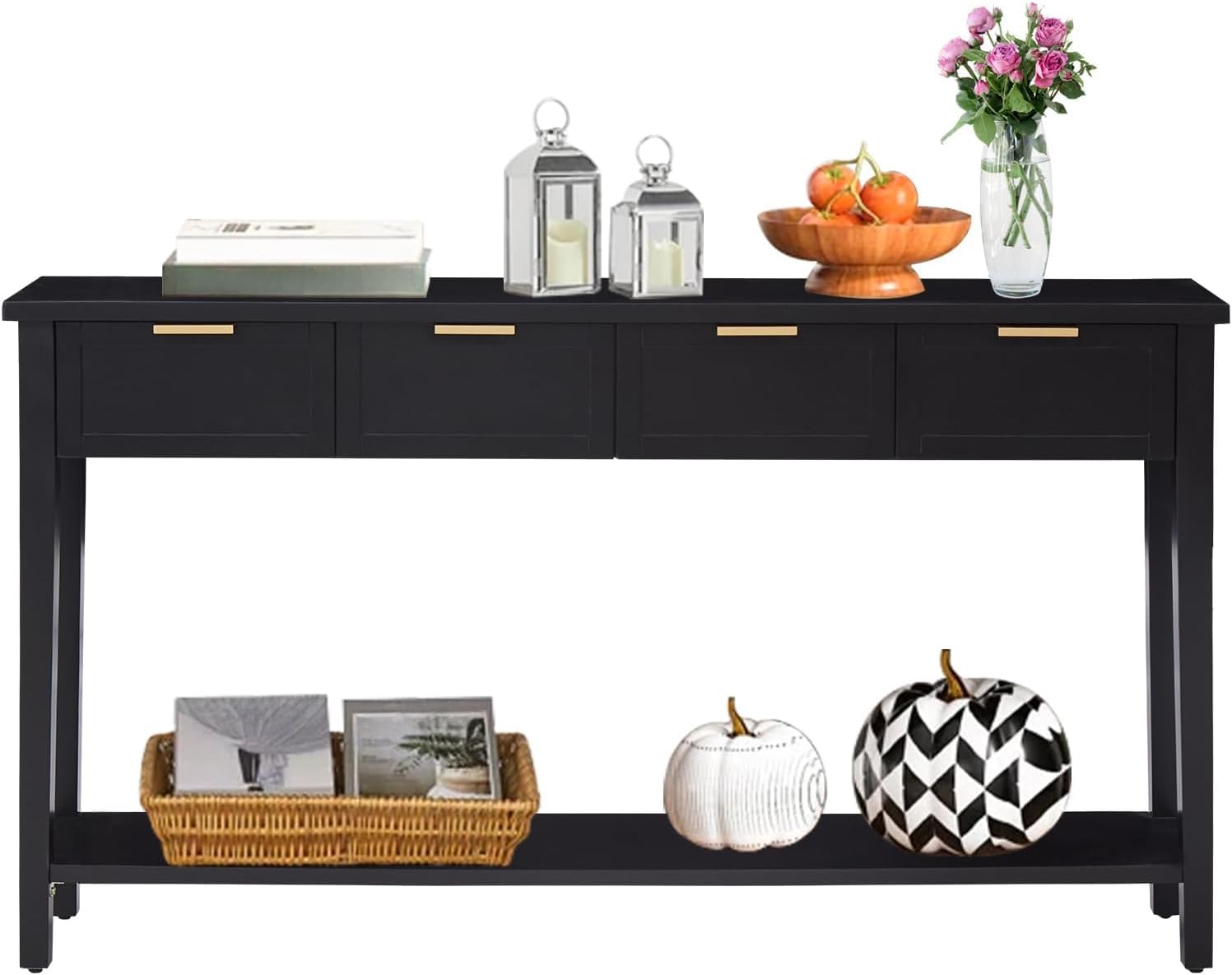 Kinbor 2-Tier Narrow Console Table with Open Shelf & 4 Drawers - Modern Entryway Sofa Table with Storage for Living Room, Bedroom, Kitchen - Black - Perfect for Small Spaces & Home Organization