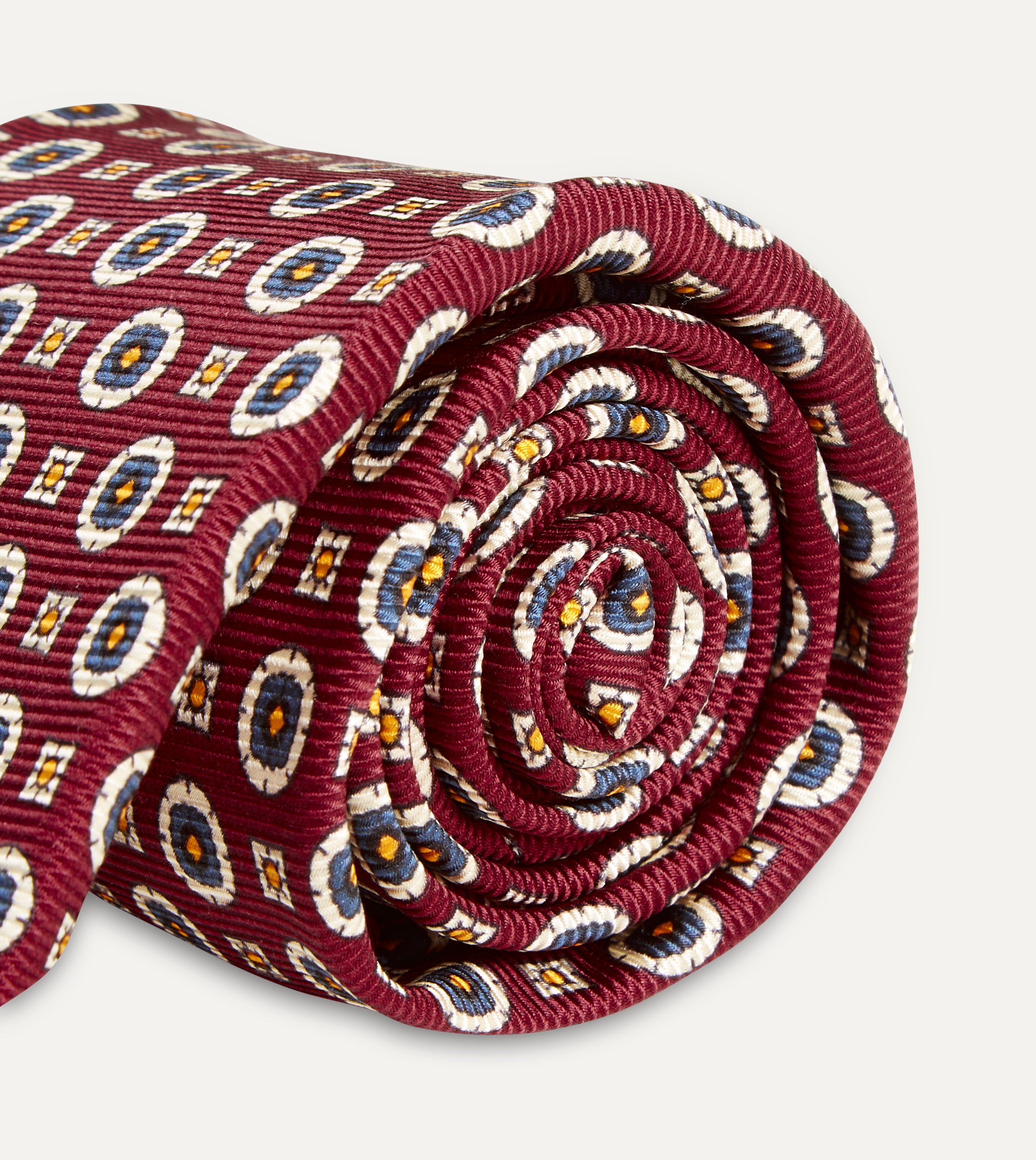 Elegant Red and Blue Geometric Medallion Print Silk Foulard Tie for Men | Premium Necktie for Business, Weddings & Formal Occasions