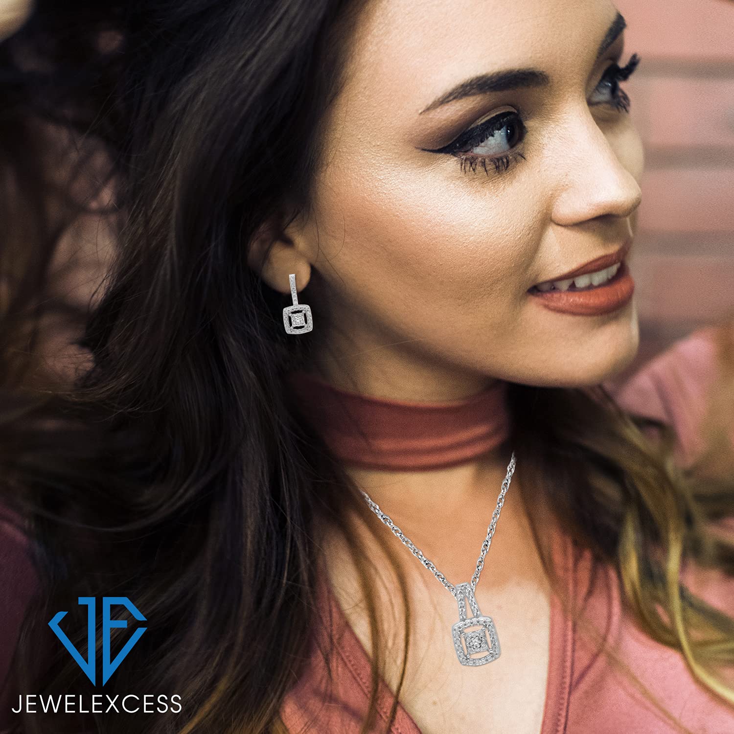 JEWELEXCESS 3-Piece White Diamond Sterling Silver Jewelry Set - Square Shaped Earrings, Necklace & Rings for Women - Elegant Gift for Birthday, Anniversary & Special Occasions - Perfect for Parties, Weddings & Everyday Wear