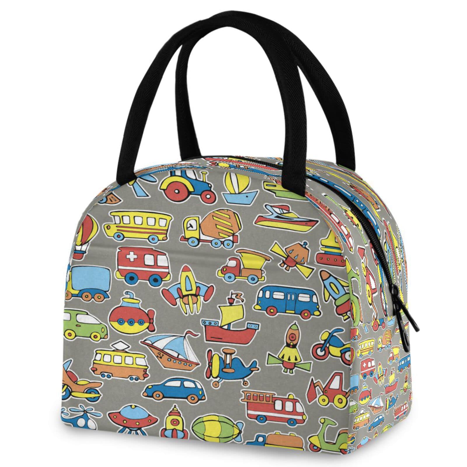 Insulated Lunch Box Cooler Tote Bag - Cartoon Rocket Plane Boat Transport Bus Car Design for Men, Women, Girls & Boys - Perfect for School, Work, Picnic & Outdoor Activities