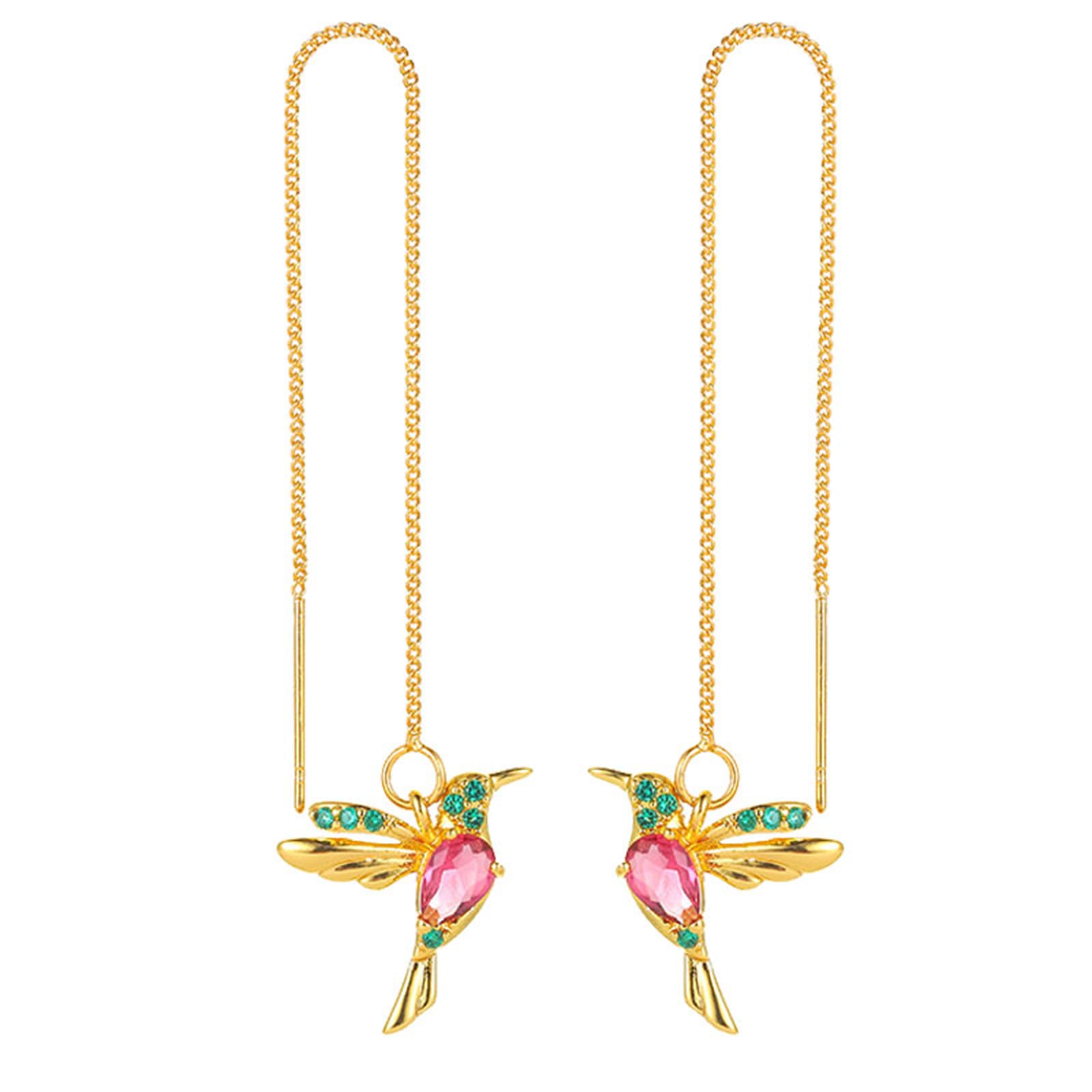 Gold Hummingbird Threader Earrings for Women - Elegant Long Bird Dangle Earrings with Chain | Unique Animal Jewelry Gift for Her | Perfect for Date Night, Parties & Special Occasions