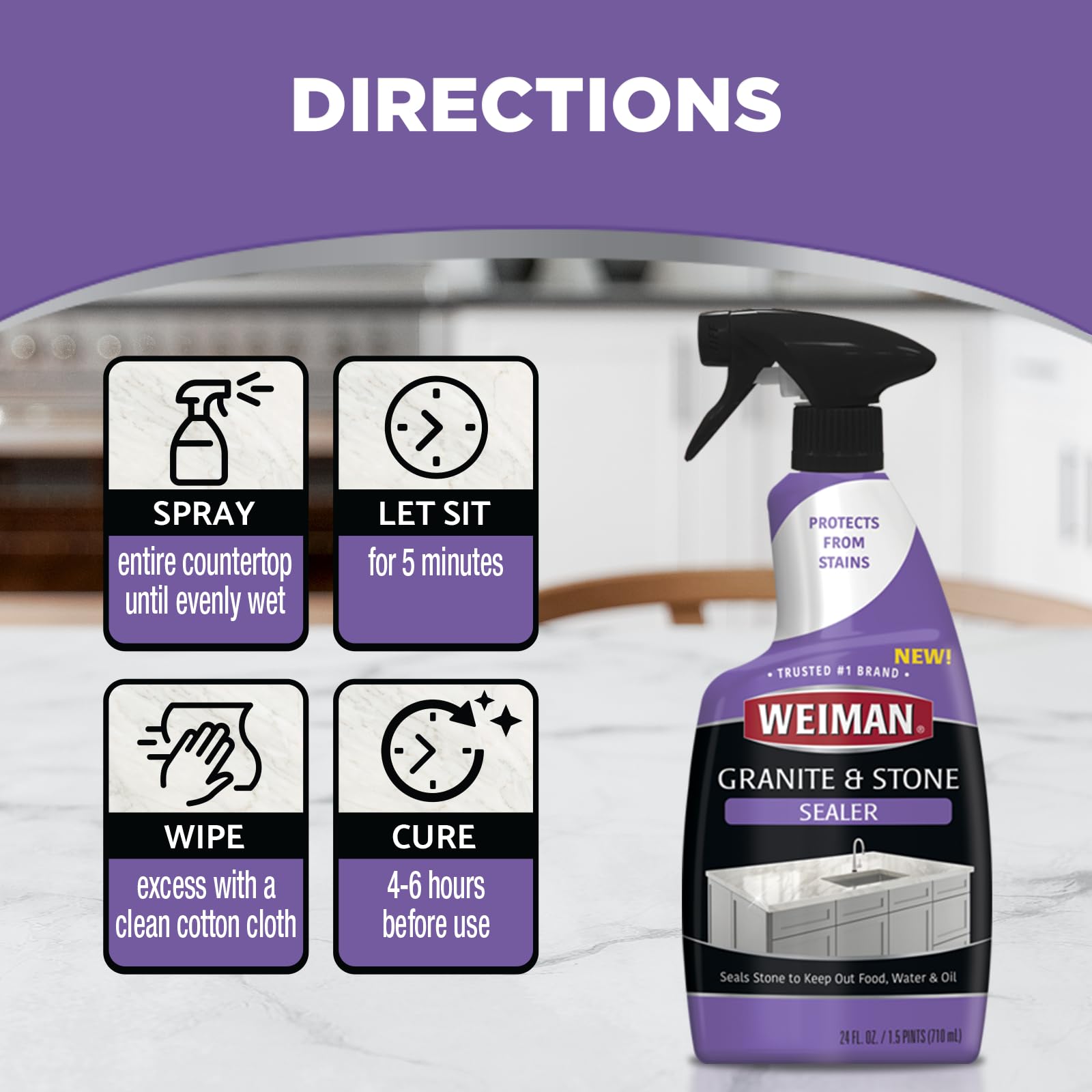 Weiman Granite & Stone Sealer Spray - 24 oz Water-Based Protector for Kitchen Countertops, Bathroom Sinks, Showers, Vanities & Floors - Safe for Granite, Quartz, Marble, Tile, Limestone & Slate - Prevents Stains & Etching - Perfect for Daily Kitchen & Bathroom Protection
