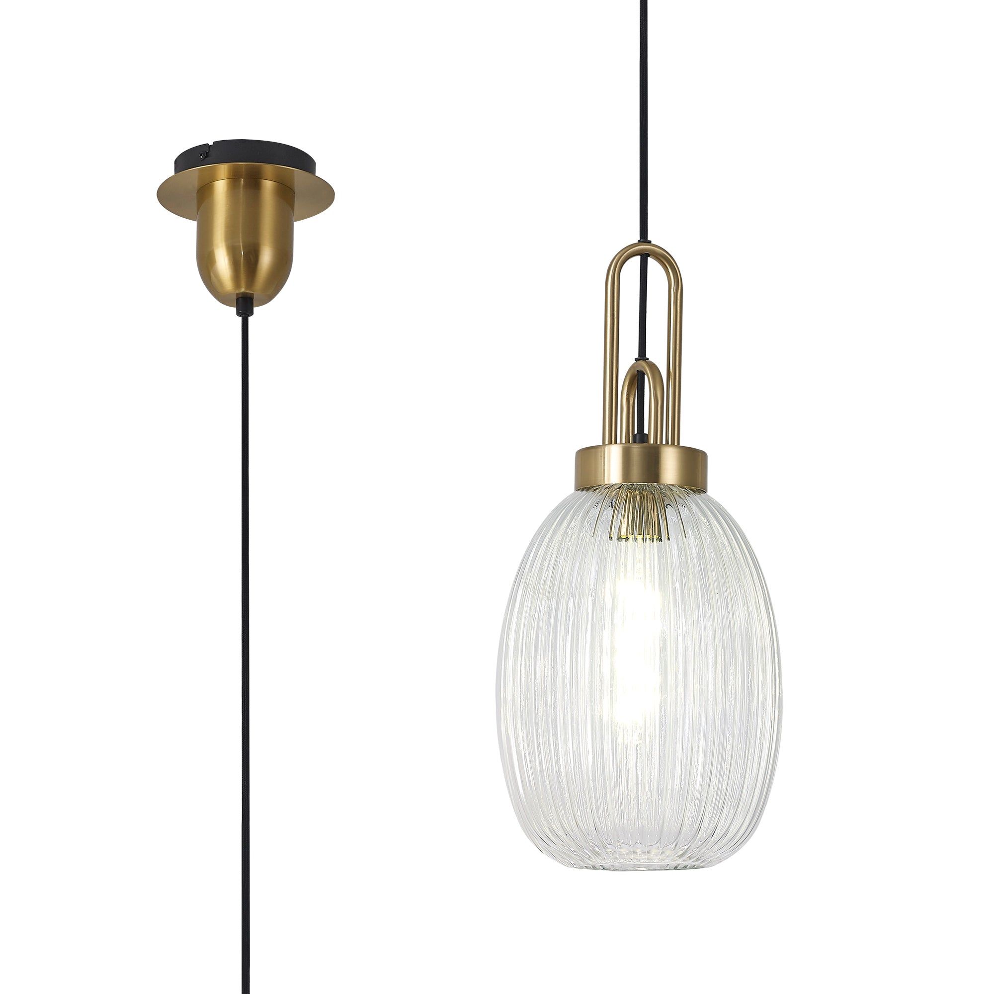 Cadiz 1-Light Pendant Light Fixture with 20cm Almond Ribbed Glass Shade, E27 Socket, IP20 Rated - Perfect for Kitchen Island, Dining Room, or Bedroom Lighting
