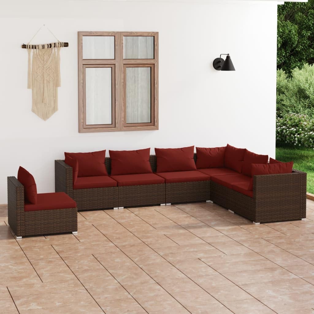 Brown Poly Rattan 7-Piece Patio Lounge Set with Cushions - Durable Steel Frame Outdoor Garden Furniture for Backyard, Poolside & Terrace Relaxation