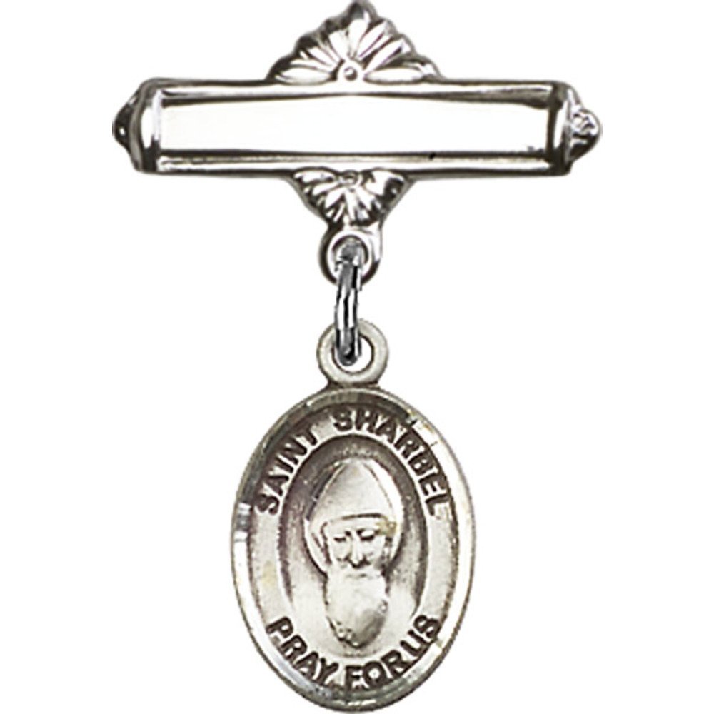 1 X 5/8 Inch Sterling Silver Baby Badge with St. Sharbel Charm - Polished Pin for Christening, Baptism & First Communion Gifts