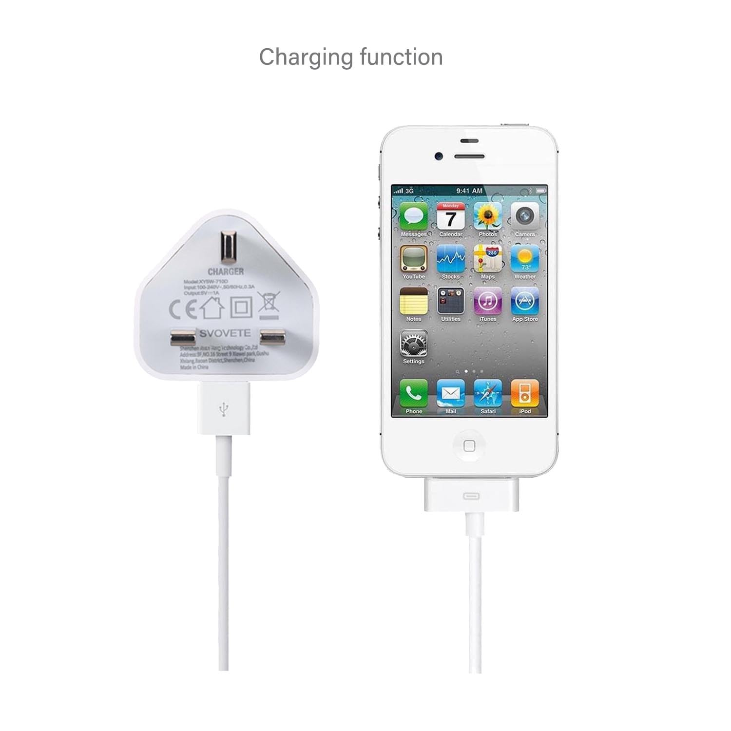 Apple iPhone 4/4S/3G/3GS, iPad 2/3, iPod Touch/Nano/Classic Wall Charger with 1M Cable - Fast Charging Power Adapter for Home, Office & Travel