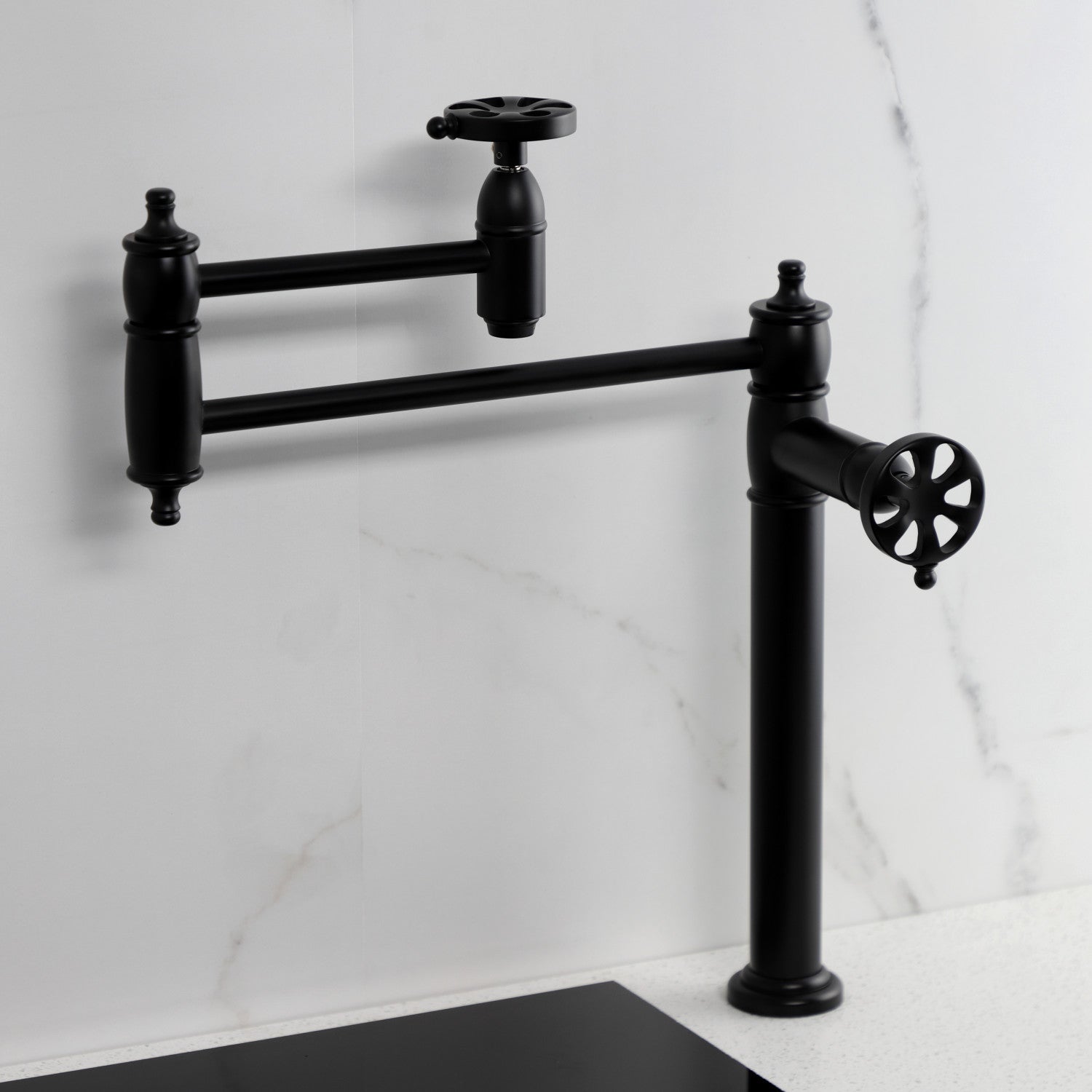 Belknap KS3700RX Matte Black Deck Mount Pot Filler Faucet - 2 Handle Wall Mounted Kitchen Sink Faucet for Easy Pot Filling - Perfect for Home Chefs & Busy Kitchens