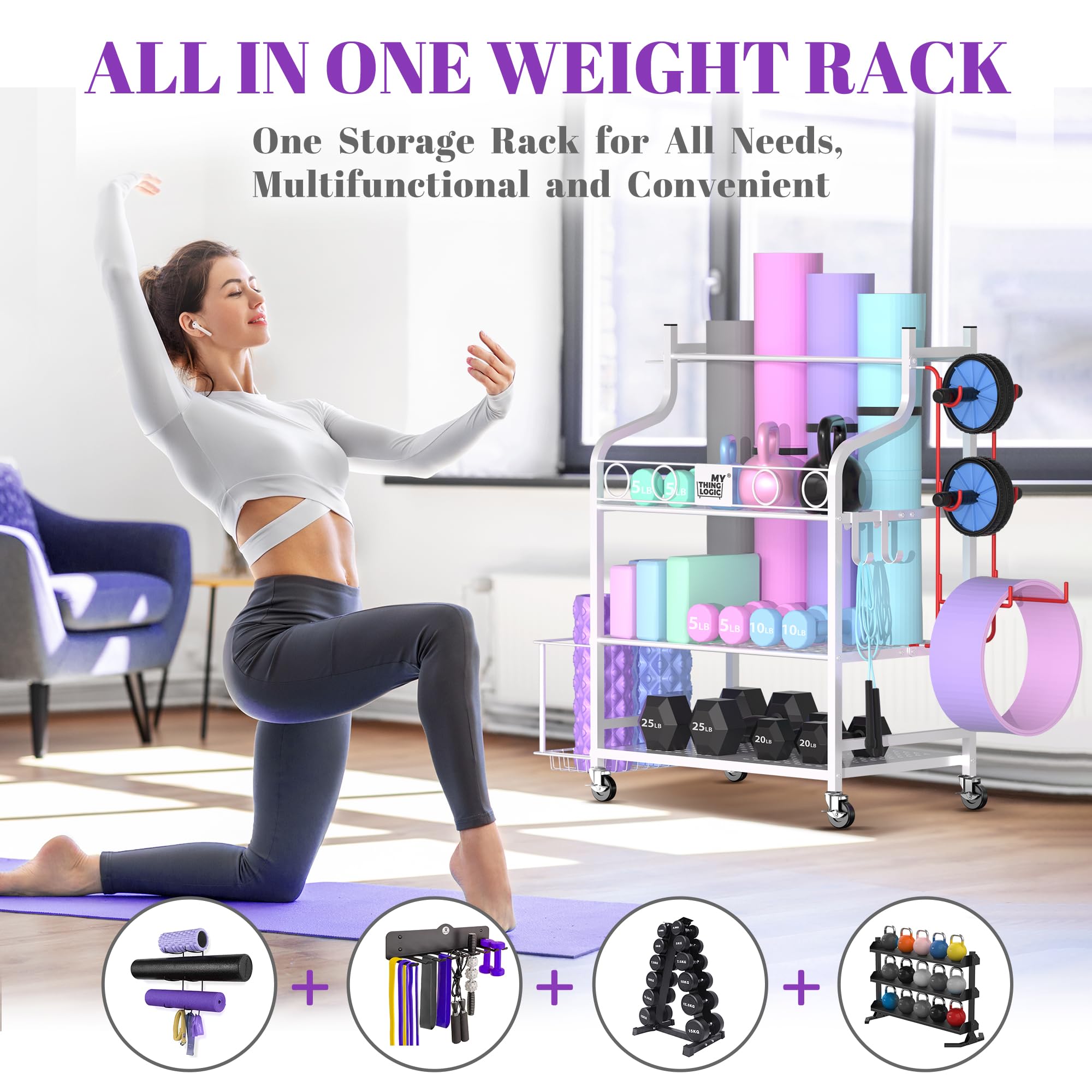 Mythinglogic Yoga Mat & Home Gym Storage Rack - Organizer for Dumbbells, Kettlebells, Foam Rollers, Yoga Straps & Resistance Bands - Heavy Duty Workout Equipment Holder with Hooks & Wheels - Perfect for Home Gym, Yoga Studio & Fitness Room Organization