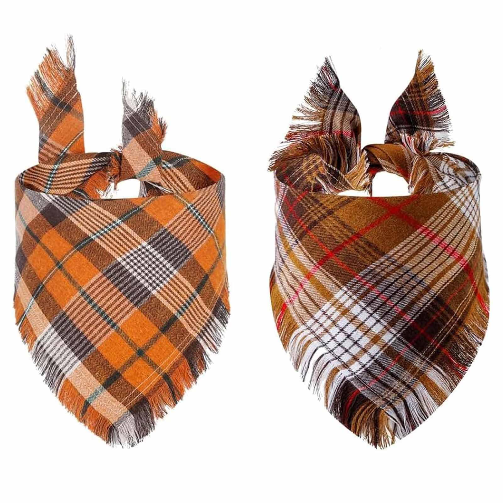 LMSHOWOWO 2 Pack Reversible Thanksgiving Dog Bandanas - Soft Cotton Double Layer Plaid Fall Scarf for Medium & Large Dogs (Orange Brown) - Perfect for Autumn Walks, Holiday Photos & Seasonal Pet Fashion