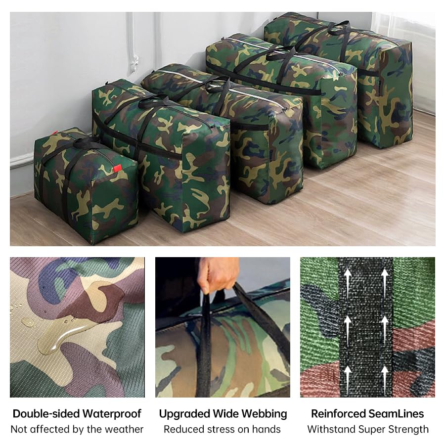 4 Pack 105L Heavy Duty 600D Oxford Moving Bags - Extra Large Storage Bags with Reinforced Handles & Zippers - Waterproof Travel Packing Bags for College Moving, Home Storage, Camping Gear & Outdoor Adventures (28 Gallon Camouflage) - Perfect for Dorm Room Organization, RV Trips & Military Style Luggage