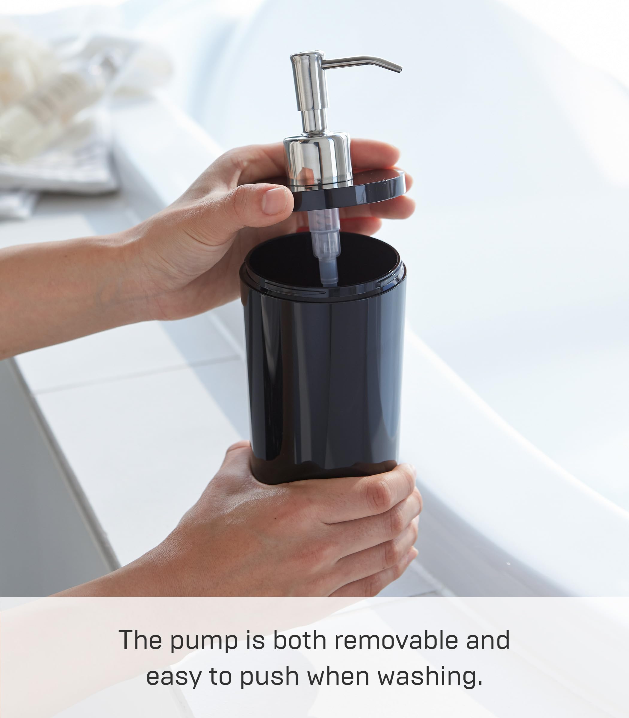 Yamazaki 2931 Modern Black & Silver Round Shower Tower Conditioner Dispenser with Bottle Pump - Perfect for Bathroom, Spa, and Salon Organization