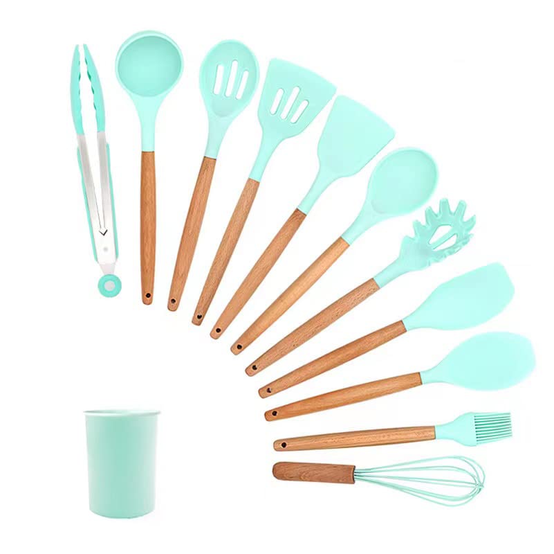Premium Custom Silicone Kitchen Utensil Set - 12-Piece Non-Slip Cooking Tools (Light Turquoise) for Baking, Stirring & Serving - Dishwasher Safe & Heat Resistant