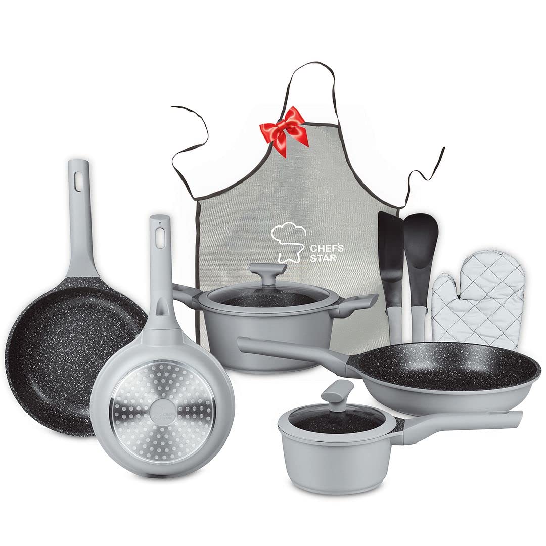 **Chef's Star Nonstick Pots and Pans Set - 10-Piece Aluminum Cookware Set with Silicone Handle, Nonstick Frying Pans, Oven Safe & Dishwasher Safe - Includes Oven Gloves & Apron (Gray) - Perfect for Home Cooking, Baking & Everyday Kitchen Use**