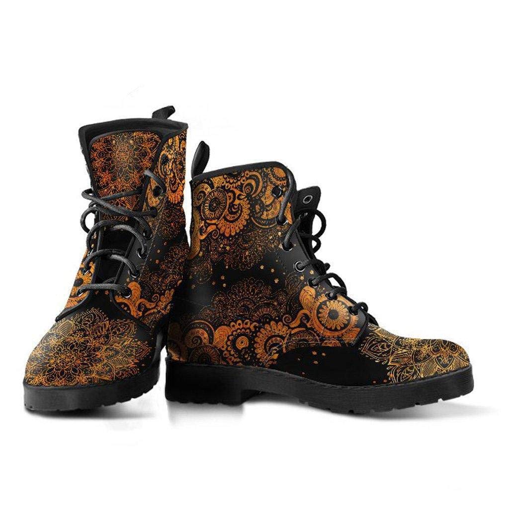 Black and Gold Paisley Mandala Memory Foam Boots - Vegan Leather Combat Boots for Women | All Season Lace Up Ankle Booties | Perfect for Fall, Winter & Festival Fashion