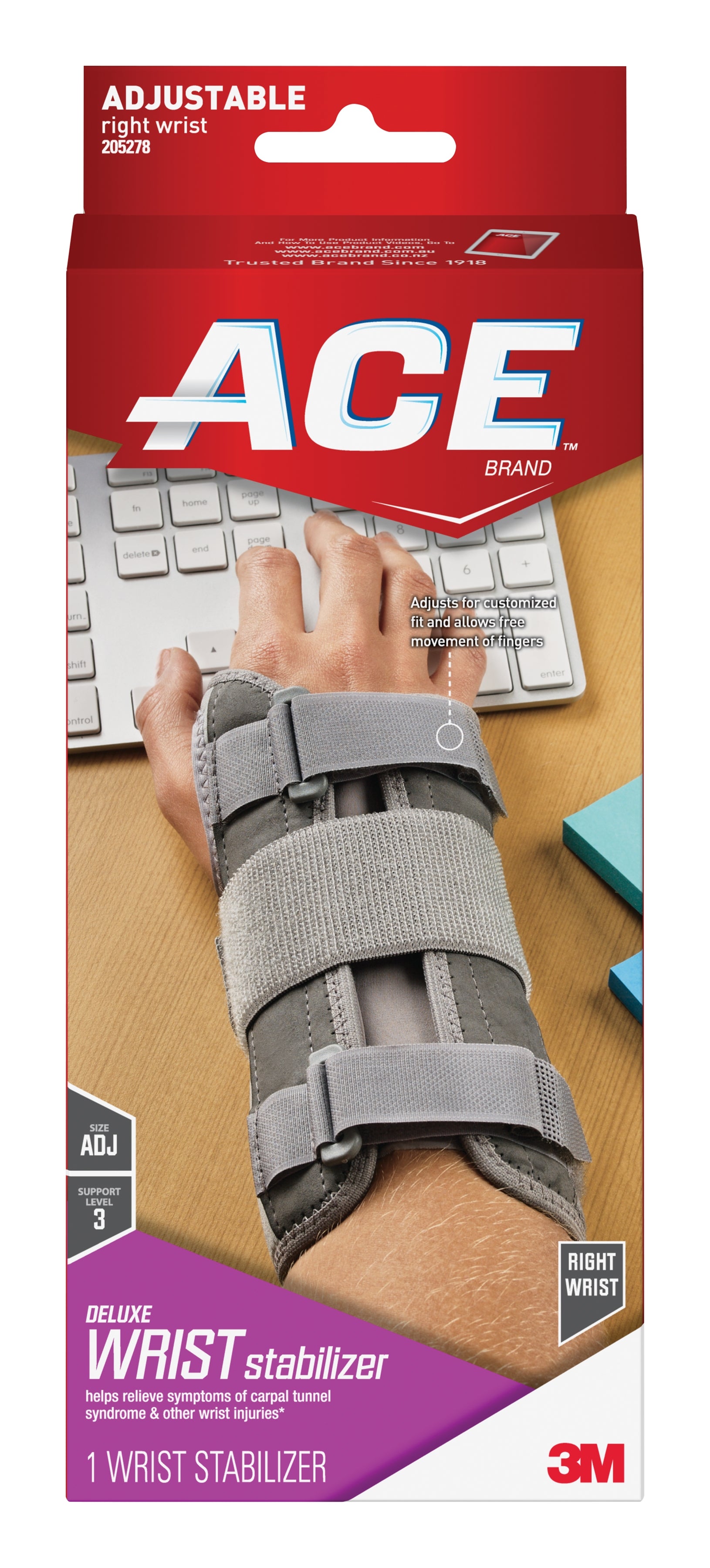Ace 205278 Right Wrist Brace - Gray, Adjustable One Size Fits Most - Support for Carpal Tunnel, Arthritis & Sports Injuries - Perfect for Typing, Gaming & Weightlifting