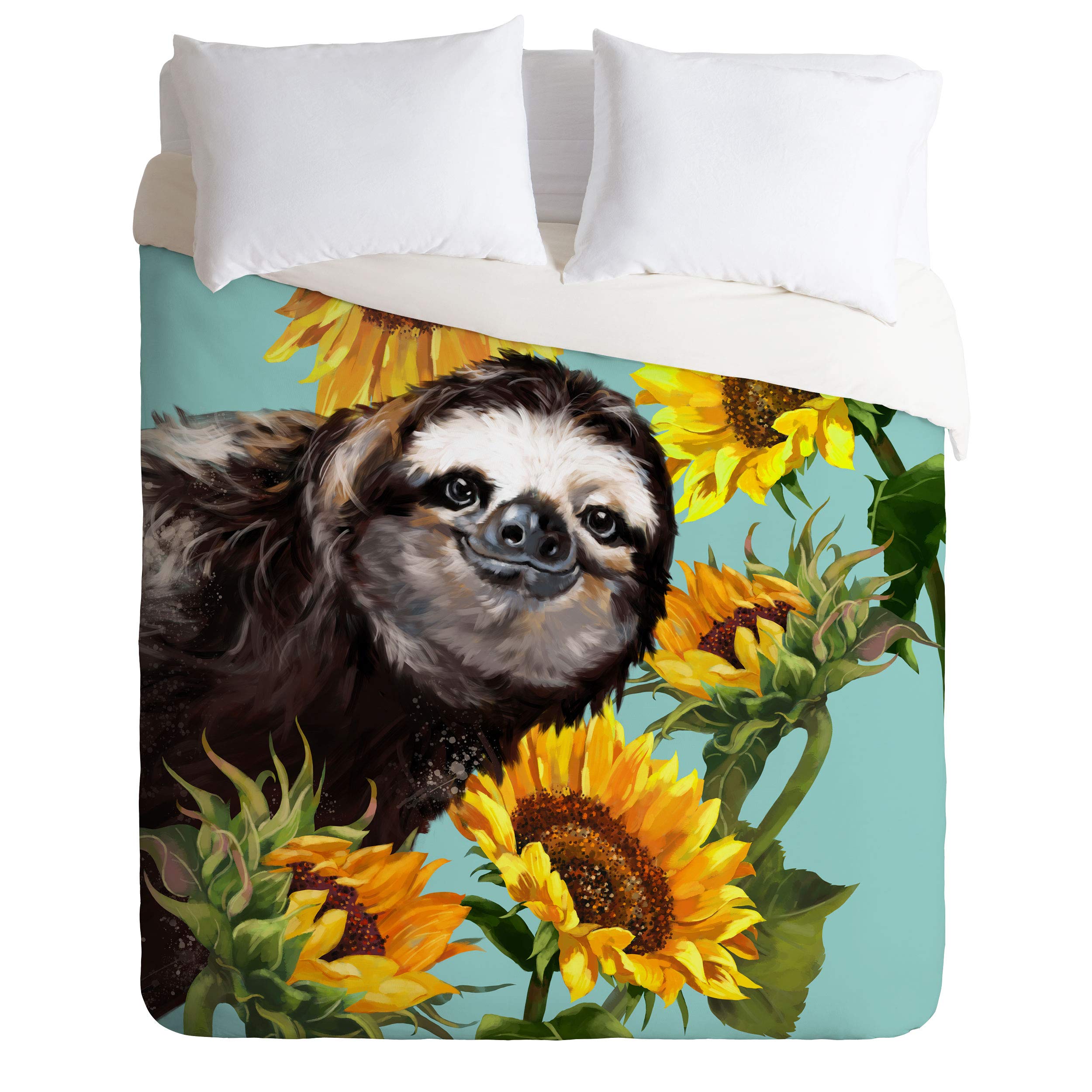 Big Nose Work Sneaky Sloth with Sunflowers Comforter Set - Queen/Full Size Yellow Bedding with Pillowcases | Cozy Animal Print Duvet Cover for Kids & Teens Room Decor | Perfect for Bedroom, Dorm, Gift