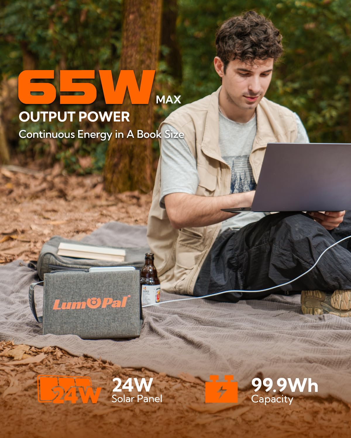 Portable Solar Charger 99.9Wh Power Bank with 24W Foldable Solar Panels, 600 Lumen Adjustable LED Camping Light, 65W PD USB-C & 22W QC3.0 USB-A Output - Perfect for Outdoor Camping, Hiking, Emergency Power Backup & Travel Charging