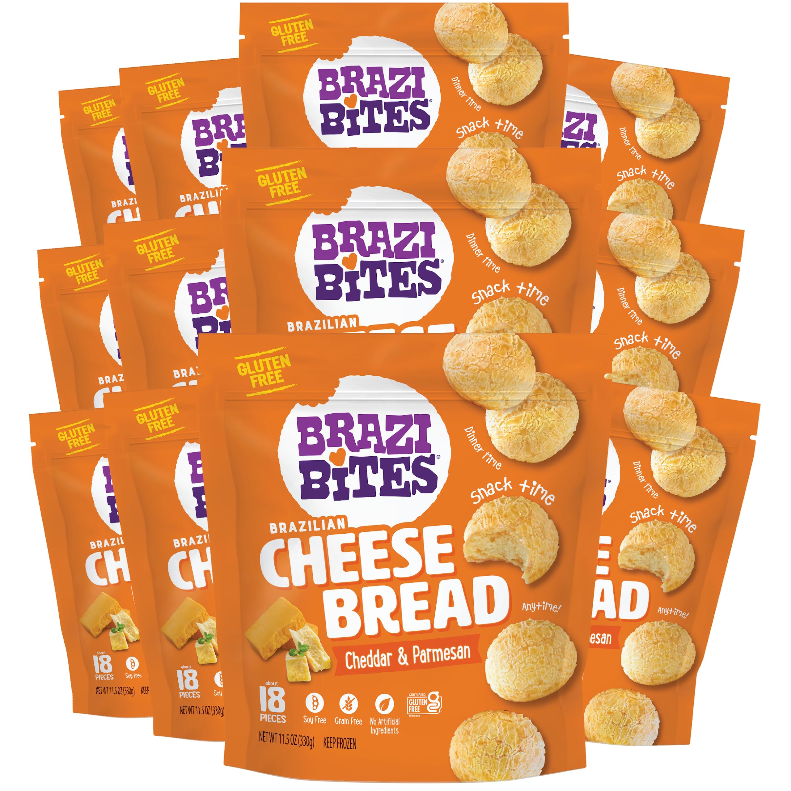 Gluten-Free Brazilian Cheese Bread - Cheddar & Parmesan | Vegetarian Frozen Snacks | Soy-Free, No Artificial Ingredients or Preservatives | 11.5 oz Pouches (12-Pack) | Perfect for Parties, Breakfast & Quick Snacks