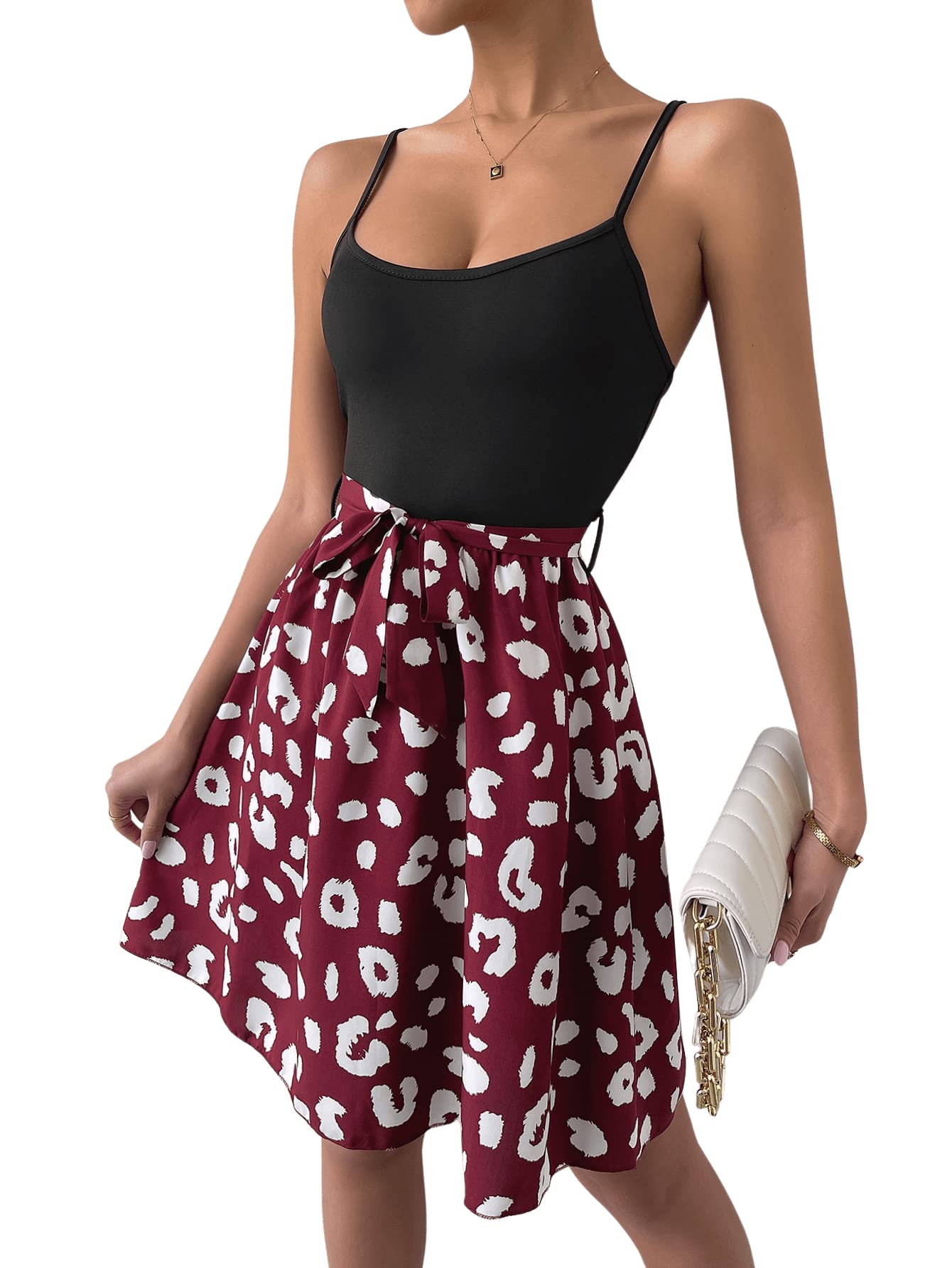 SweatyRocks Women's Leopard Print Spaghetti Strap Backless Tie Front A-Line Mini Dress - Sexy Summer Party Clubwear & Casual Outfit