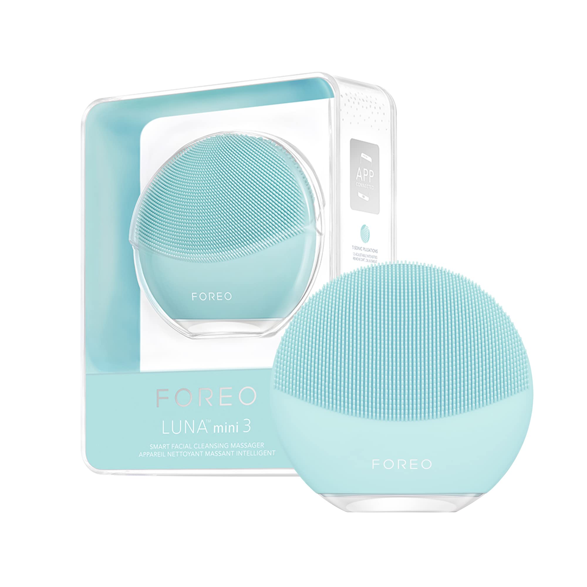 Foreo Luna Mini 3 Facial Cleansing Brush - Electric Face Massager & Cleanser with Ultra-Hygienic Silicone Bristles - App-Connected Skin Care Device - Travel-Friendly Mint Green - Perfect for Daily Cleansing Routine & On-The-Go Skincare