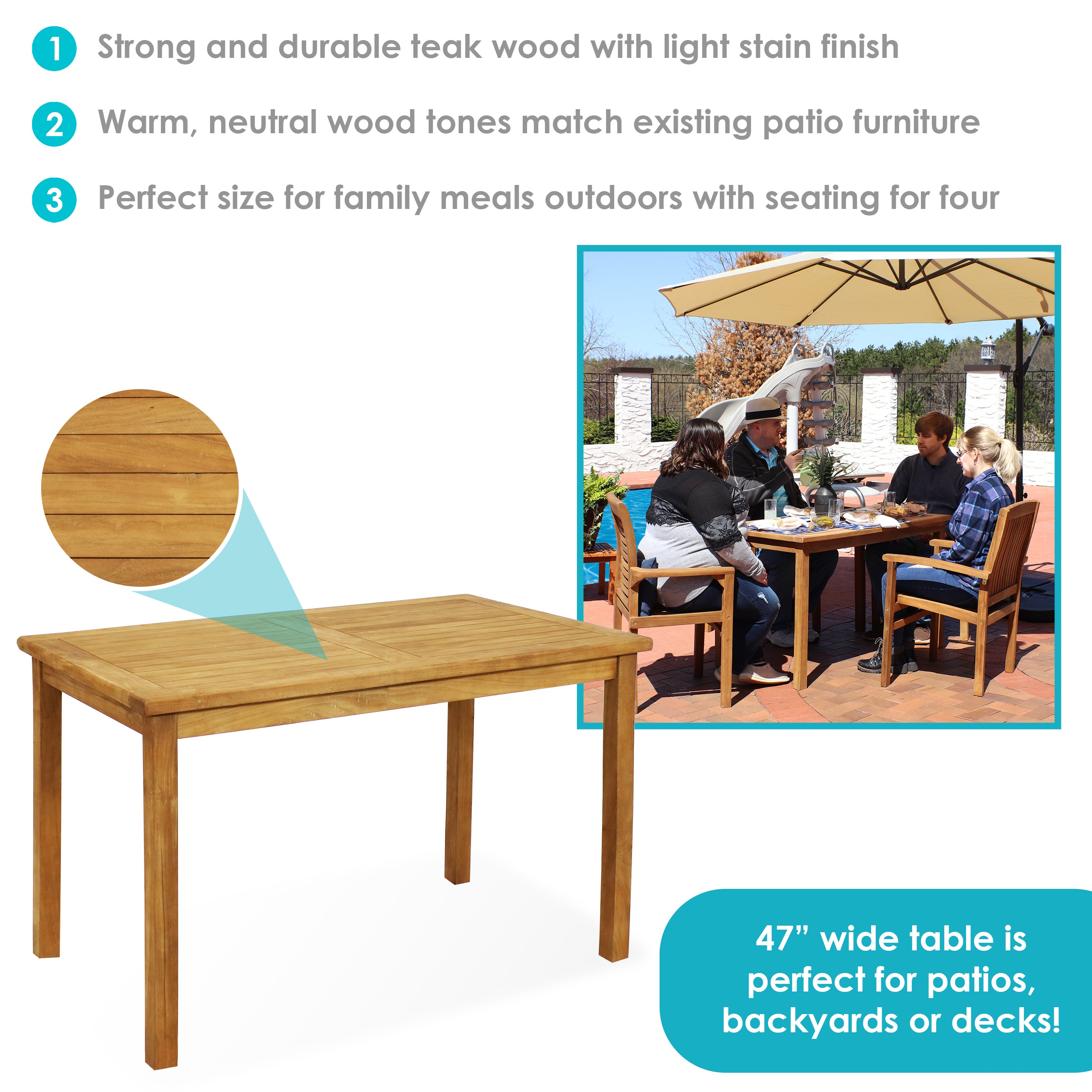 Sunnydaze Teak Rectangle Outdoor Dining Table with Stain Finish - 47 Inch Weather-Resistant Patio Furniture for Backyard, Garden, and Poolside Dining