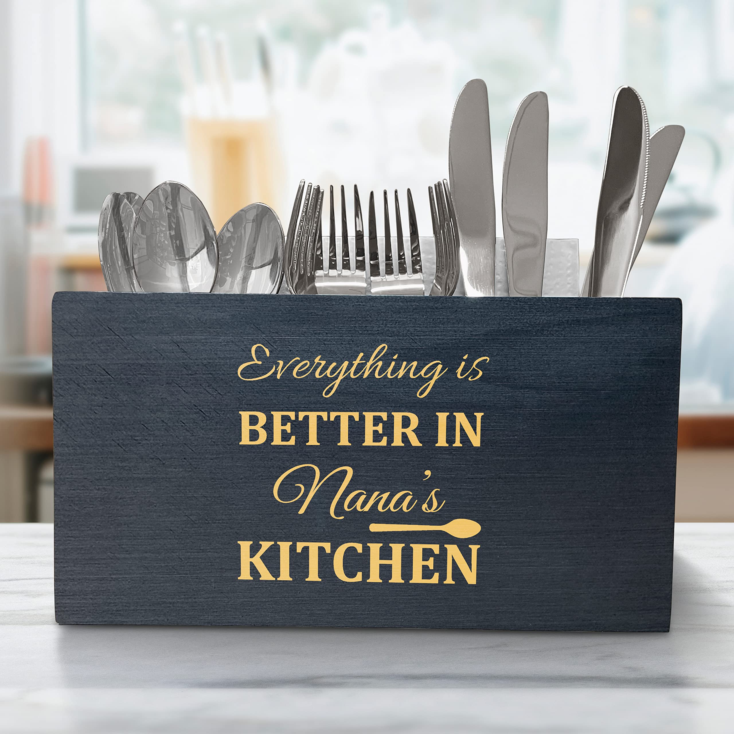 Elegant Wooden Kitchen Utensil Organizer with 3 Compartments - Engraved 'Nana's Kitchen' Quote - Countertop Caddy Box for Spoons, Forks & Cooking Tools - Perfect for Home Kitchen Organization & Gift Idea