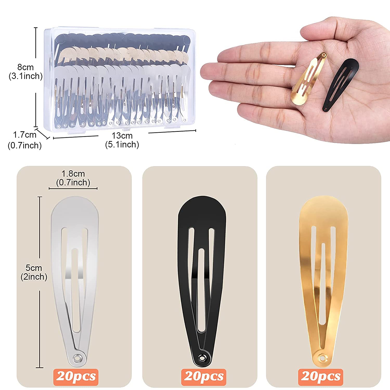 60 Pcs Snap Hair Clips with Storage Box - 2 Inch Non-Slip Metal Barrettes for Toddlers, Girls, Women (Gold, Silver, Black) | Perfect for School, Parties, Weddings & Everyday Hairstyling