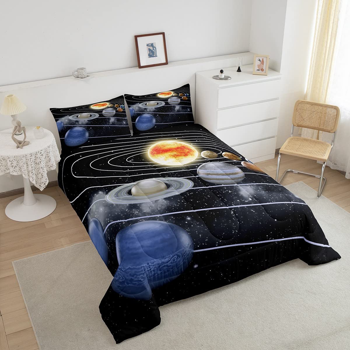 Erosebridal Galaxy Print Queen Size Down Comforter Set - Space Theme Quilted Duvet with 2 Pillowcases for Adults & Teens | Solar System Bedding for Cozy Nights & Starry Sky Decor